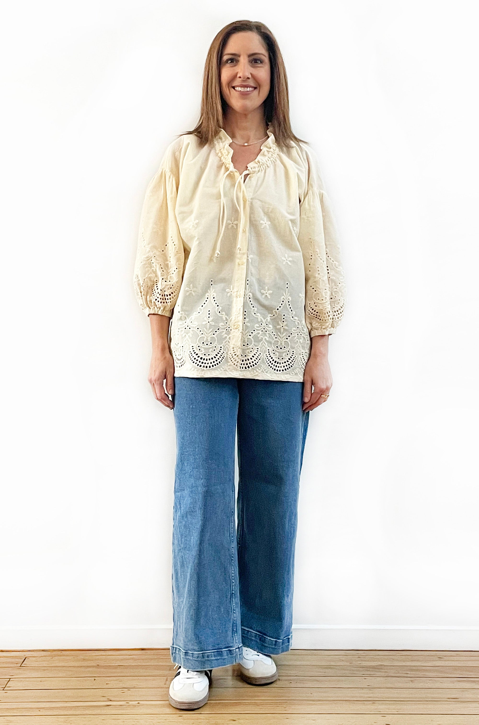 COTTON BRODERIE PEASANT BLOUSE BUTTER