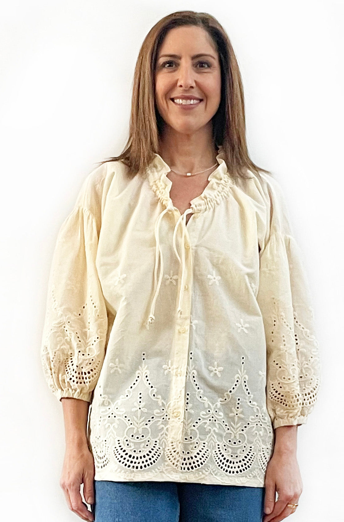 COTTON BRODERIE PEASANT BLOUSE BUTTER