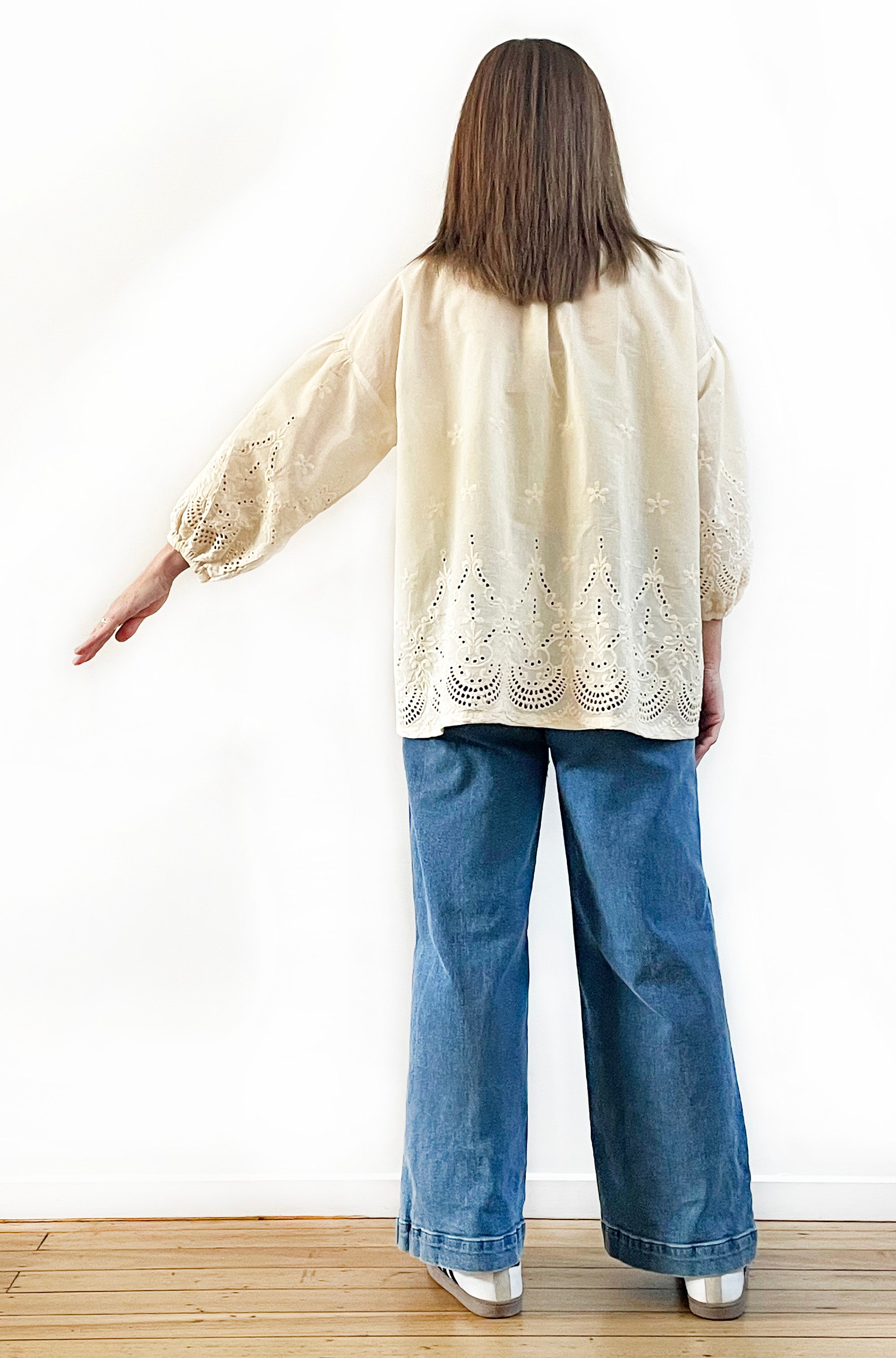 COTTON BRODERIE PEASANT BLOUSE BUTTER