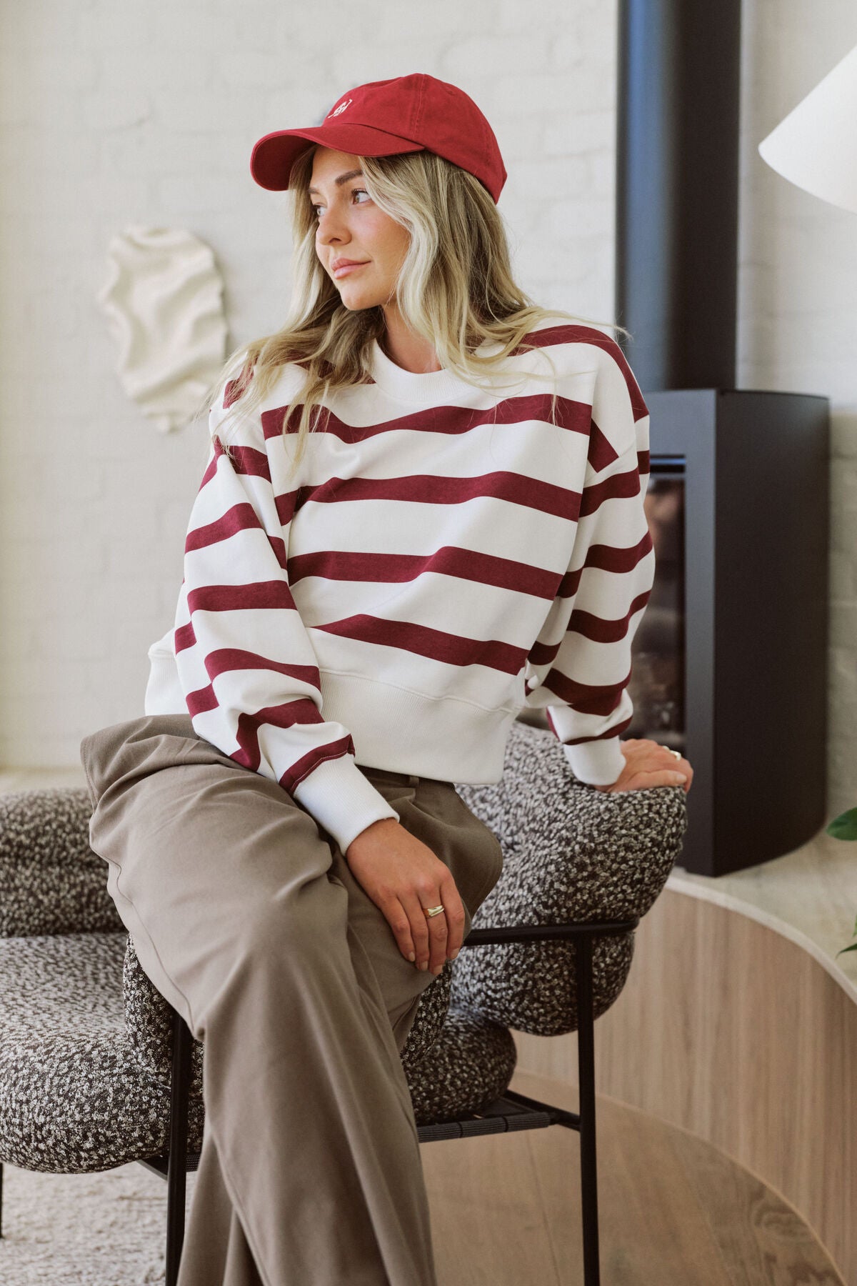 CERES LIFE CROPPED SLOUCHY CREW BURGUNDY STRIPE