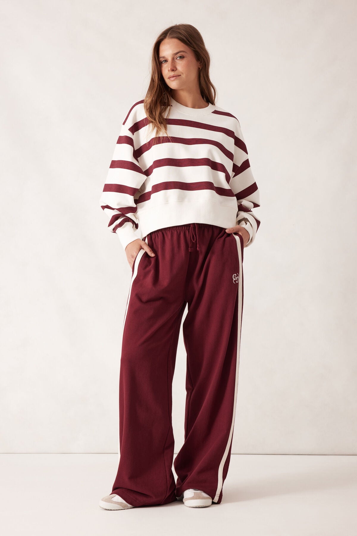 CERES LIFE CROPPED SLOUCHY CREW BURGUNDY STRIPE