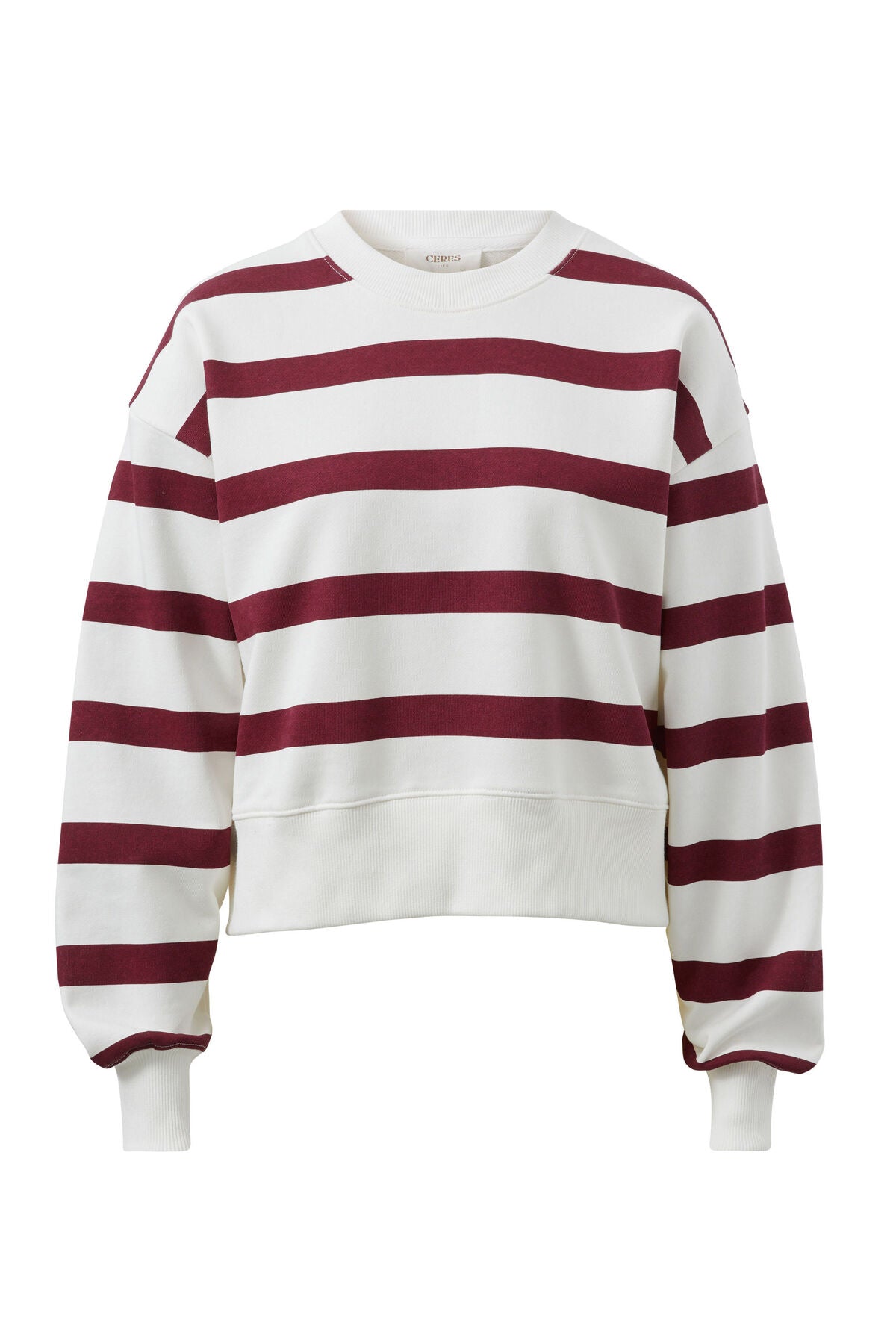 CERES LIFE CROPPED SLOUCHY CREW BURGUNDY STRIPE