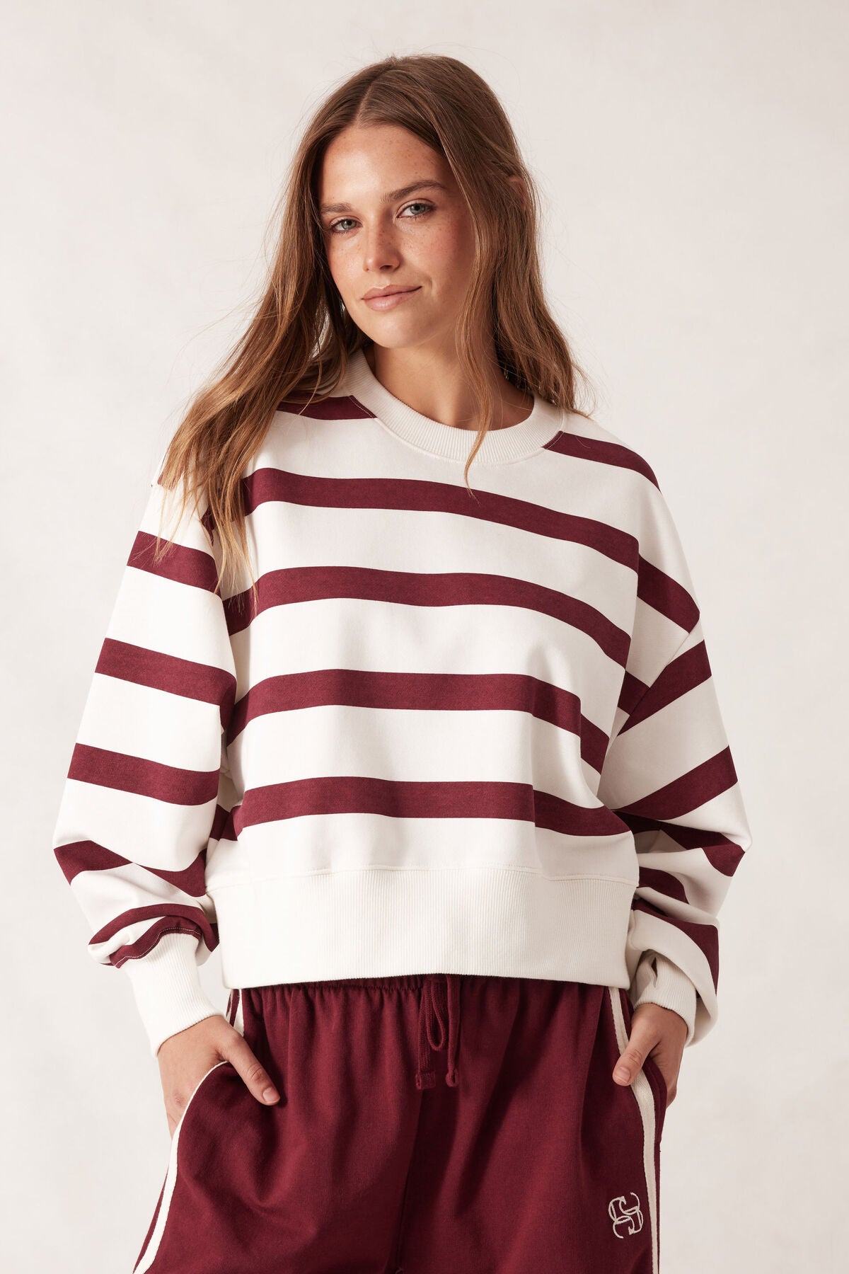 CERES LIFE CROPPED SLOUCHY CREW BURGUNDY STRIPE