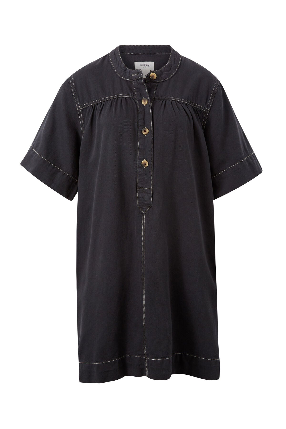 CERES LIFE HALF PLACKET TUNIC DRESS WASHED BLACK