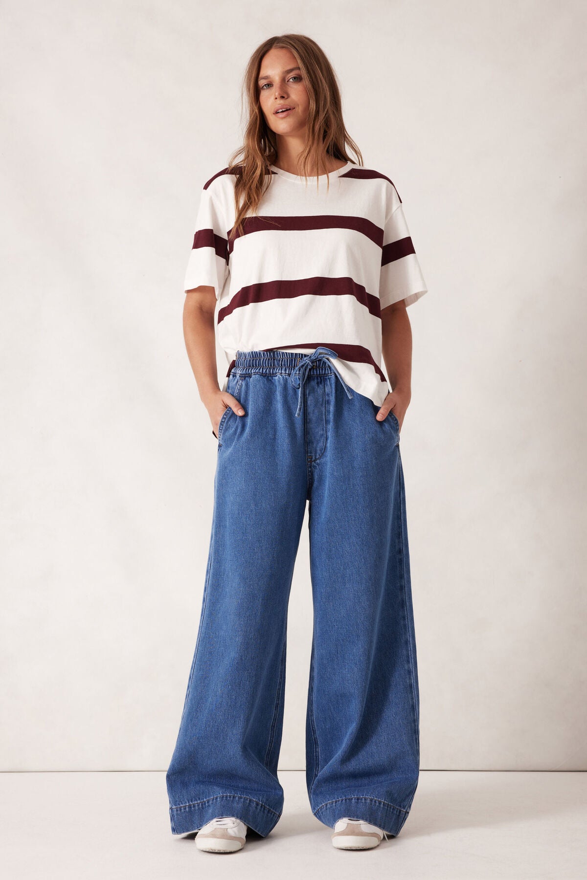 CERES LIFE STEVIE SLOUCHY TEE VANILLA BURGUNDY STRIPE