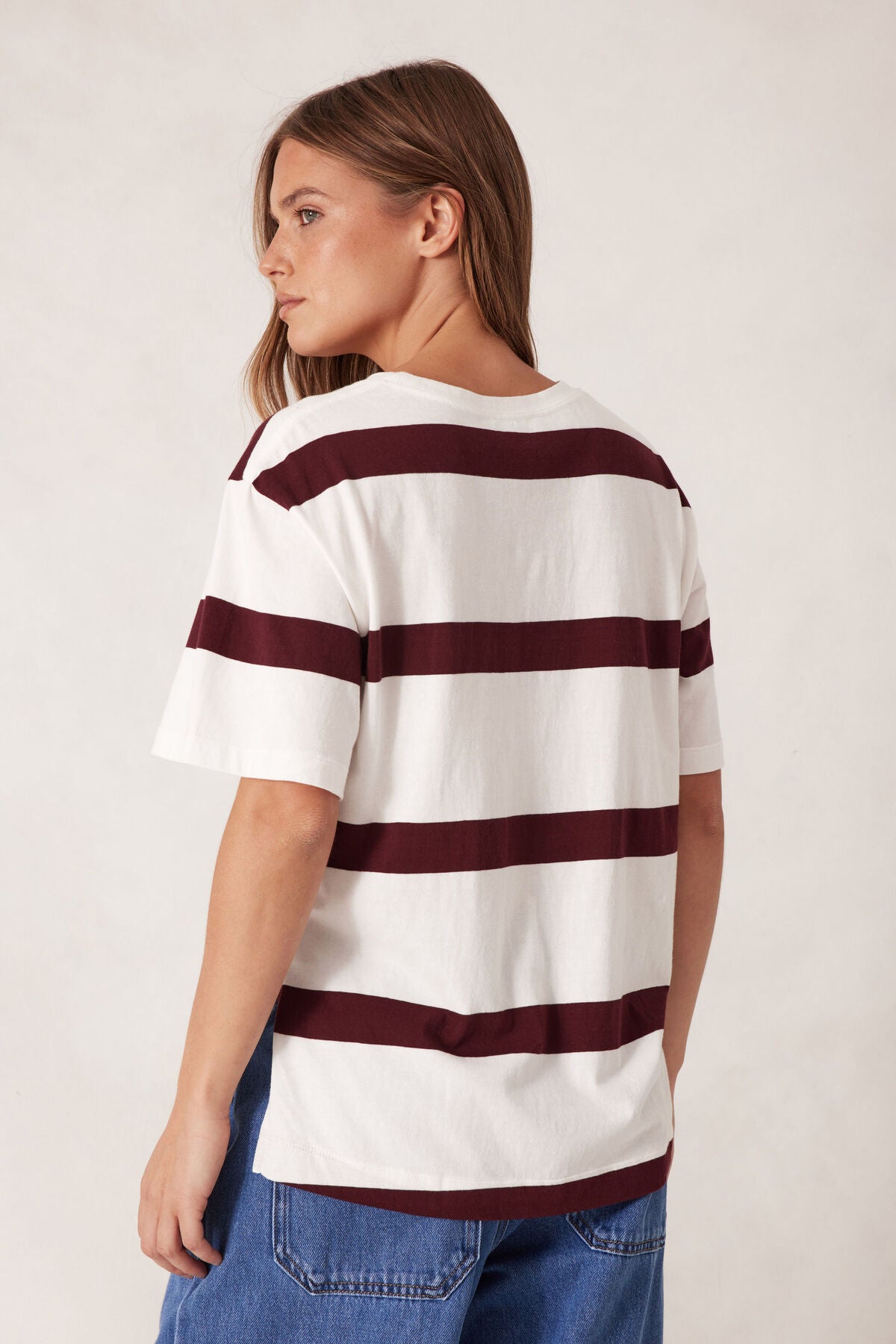 CERES LIFE STEVIE SLOUCHY TEE VANILLA BURGUNDY STRIPE