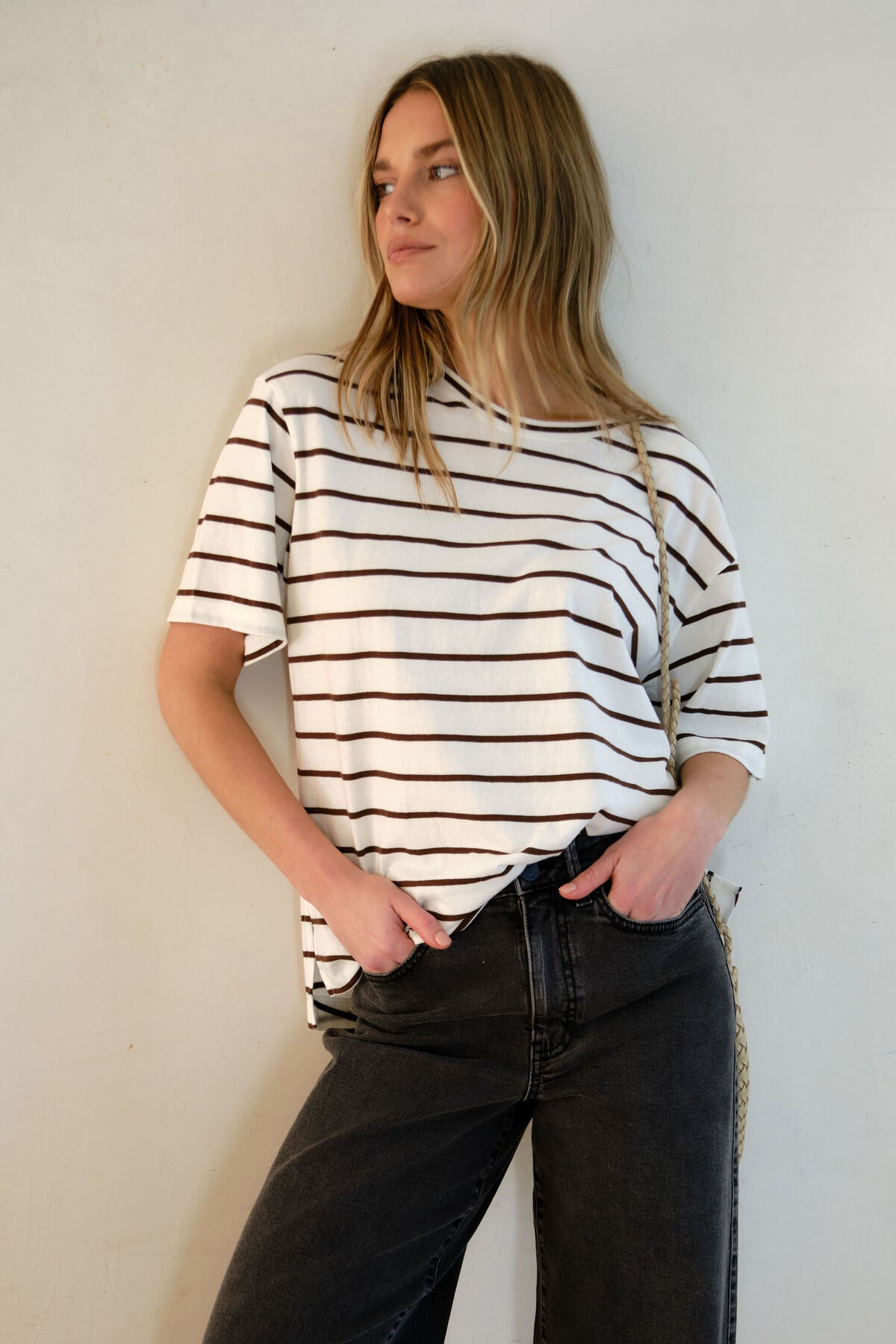 CERES LIFE STEVIE SLOUCHY TEE VANILLA CHOC FINE STRIPE
