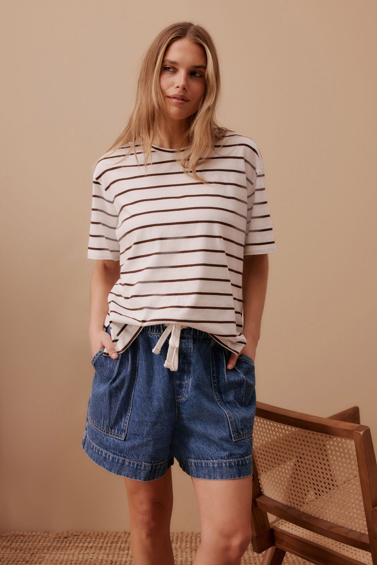 CERES LIFE STEVIE SLOUCHY TEE VANILLA CHOC FINE STRIPE