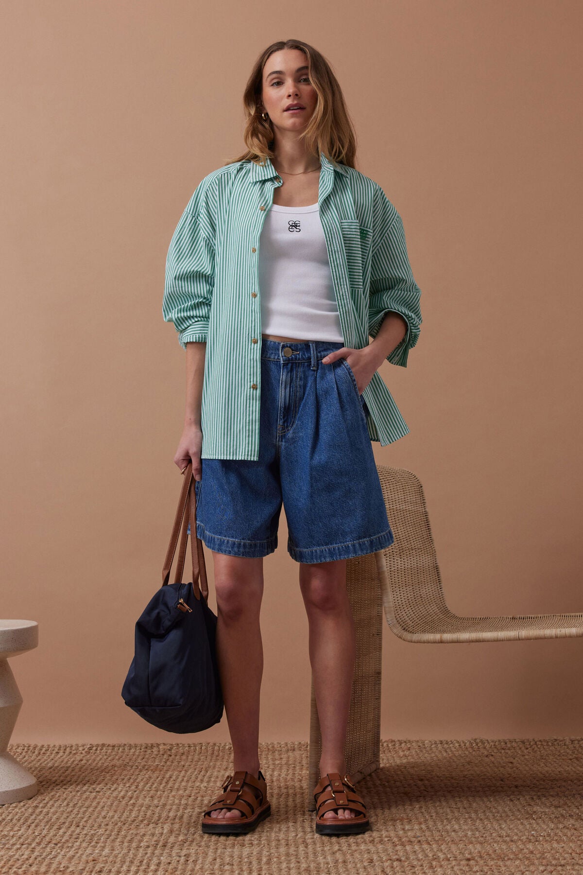 CERES LIFE SYLVIE LONGLINE PLEAT DENIM SHORT FRESH INDIGO