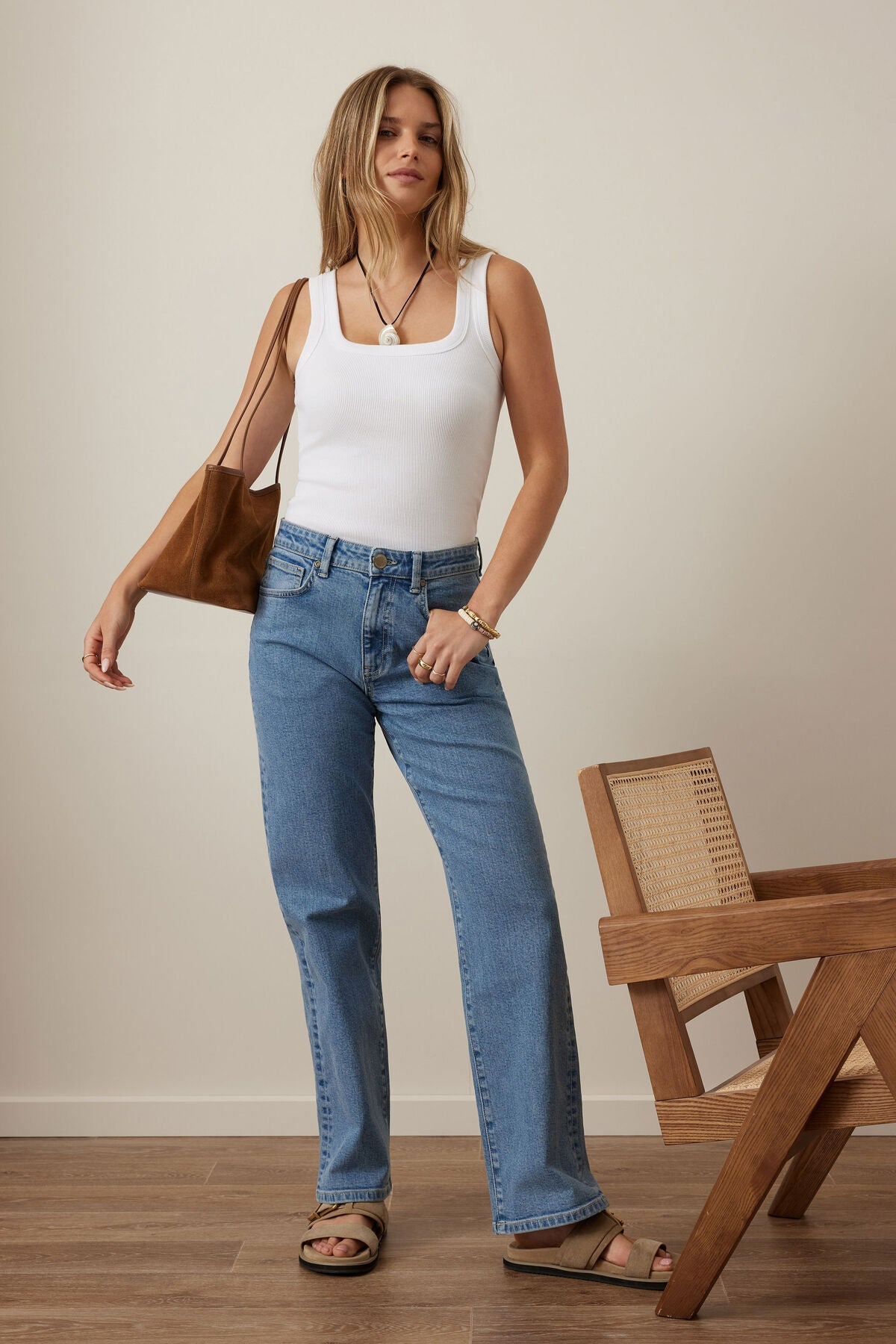 CERES LIFE ZAELI CONTOUR RIB SQUARE NECK TANK WHITE