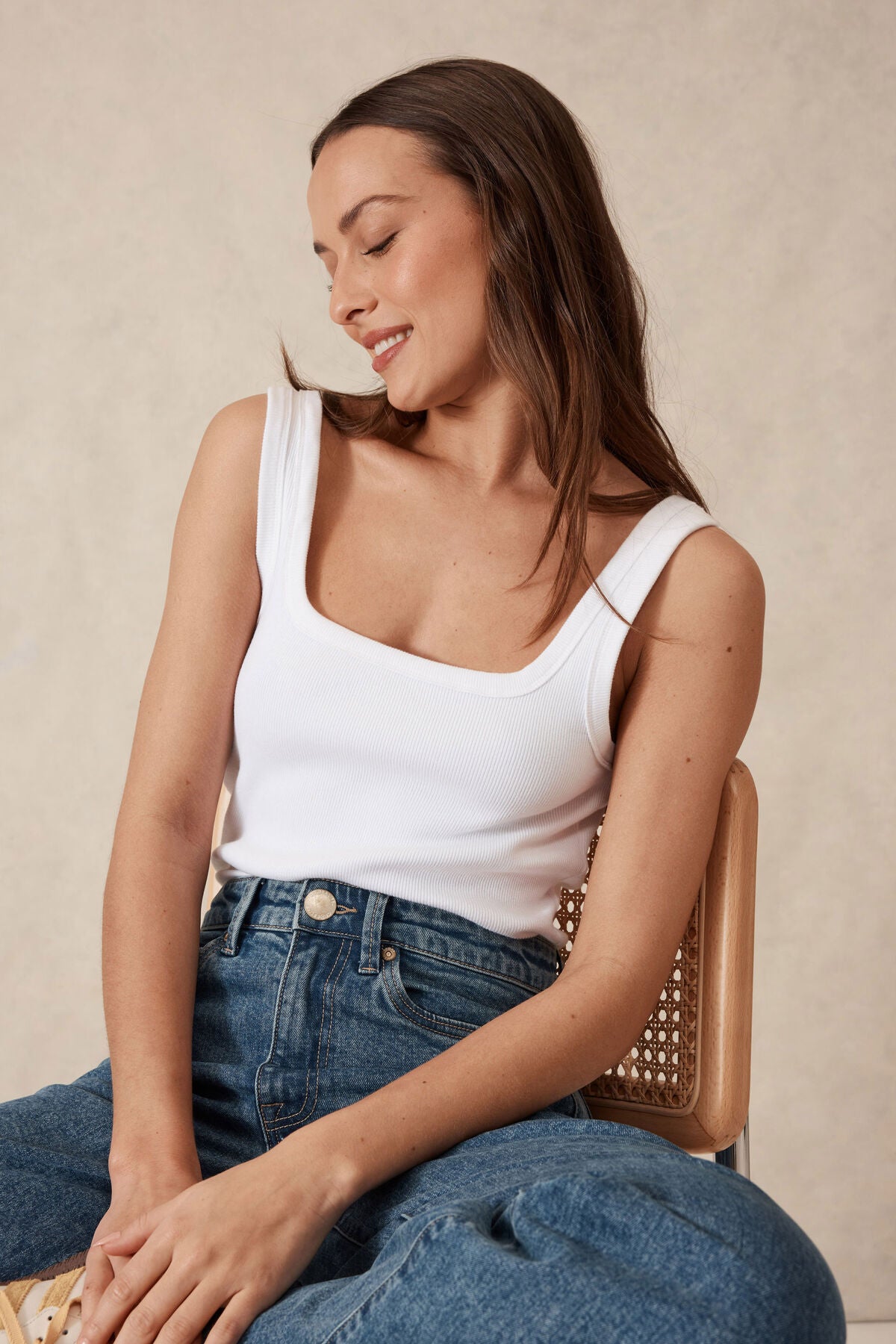 CERES LIFE ZAELI CONTOUR RIB SQUARE NECK TANK WHITE