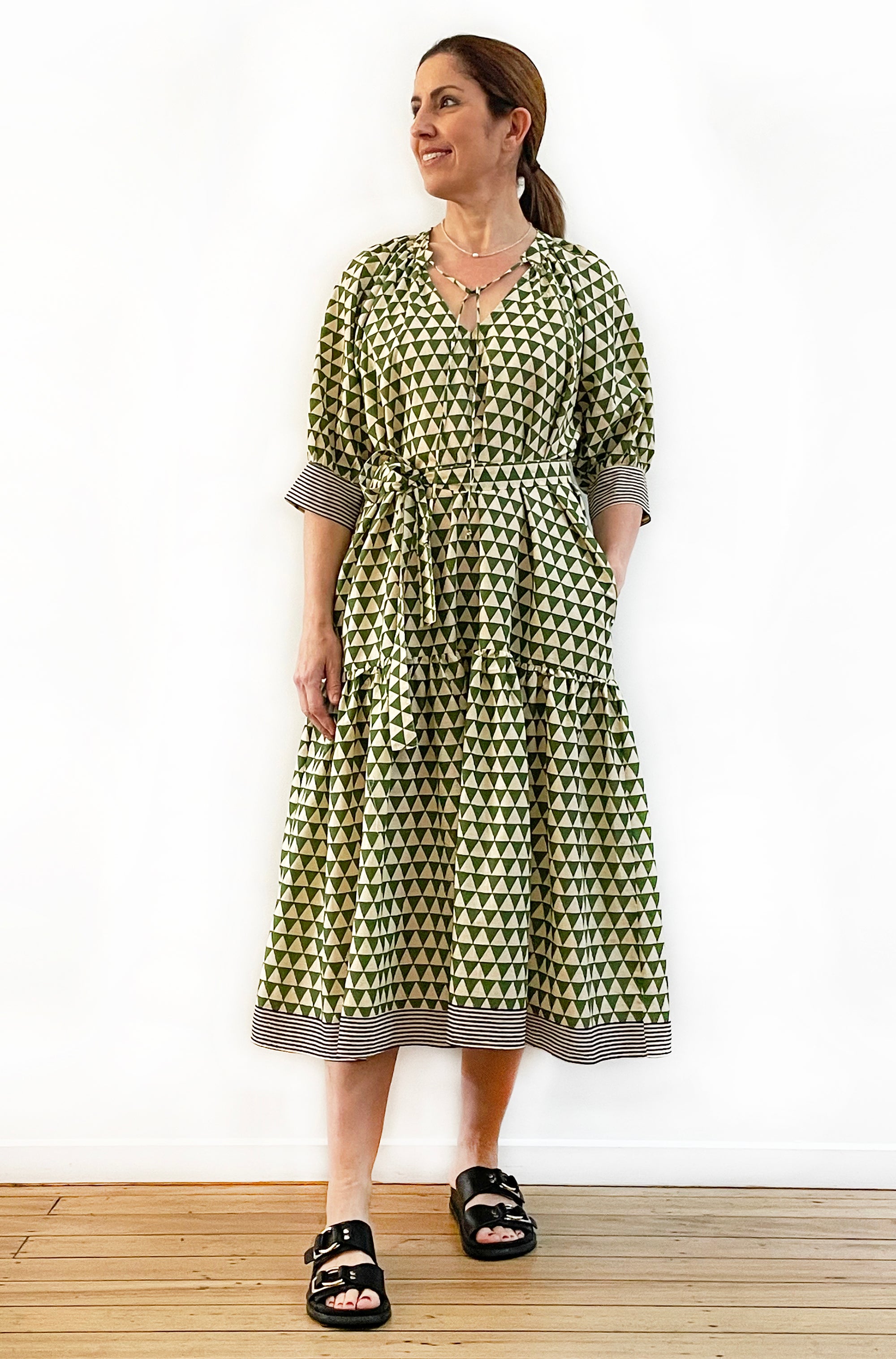 COTTON BLOCK PRINT DRESS GREEN