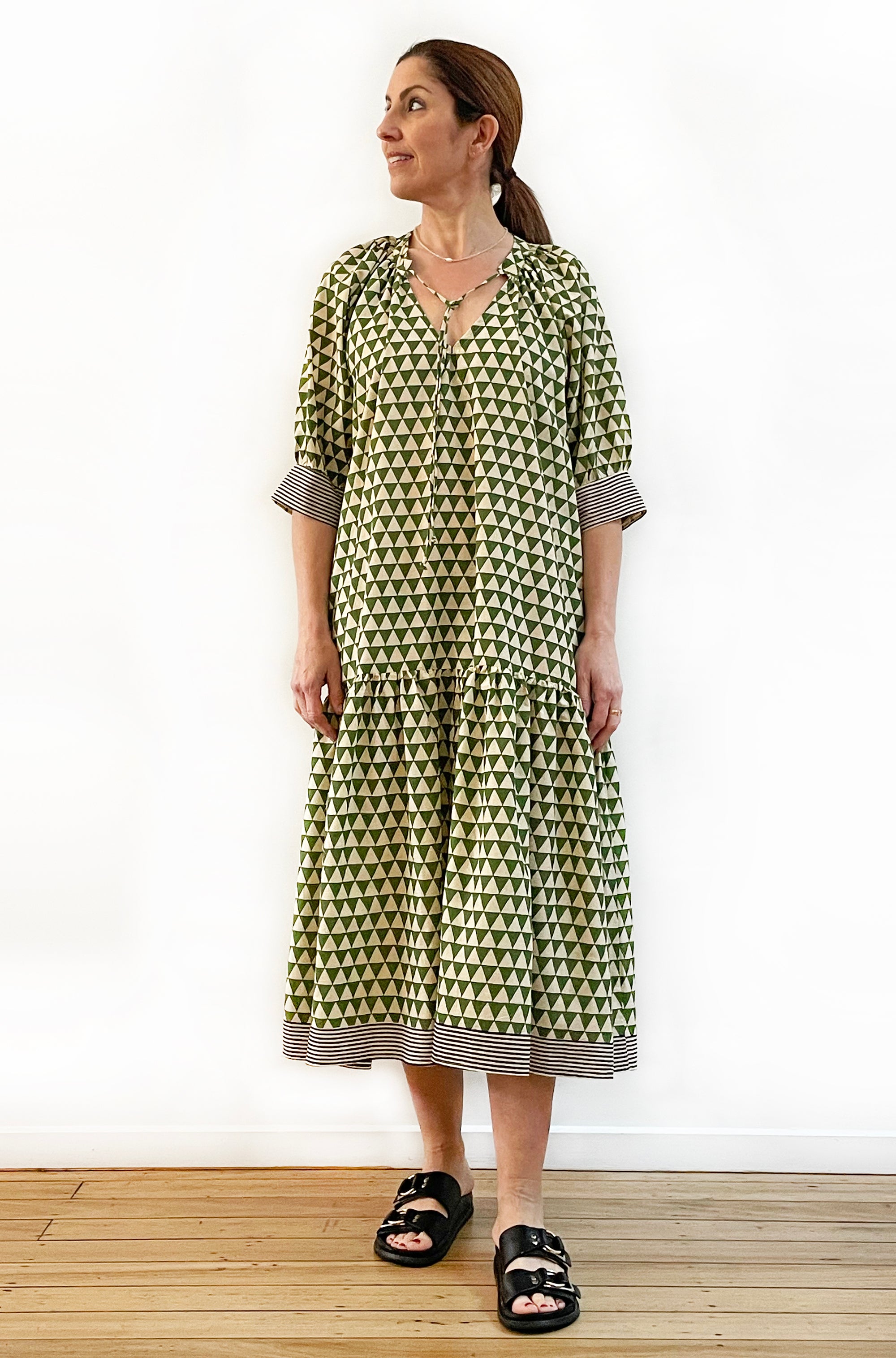 COTTON BLOCK PRINT DRESS GREEN