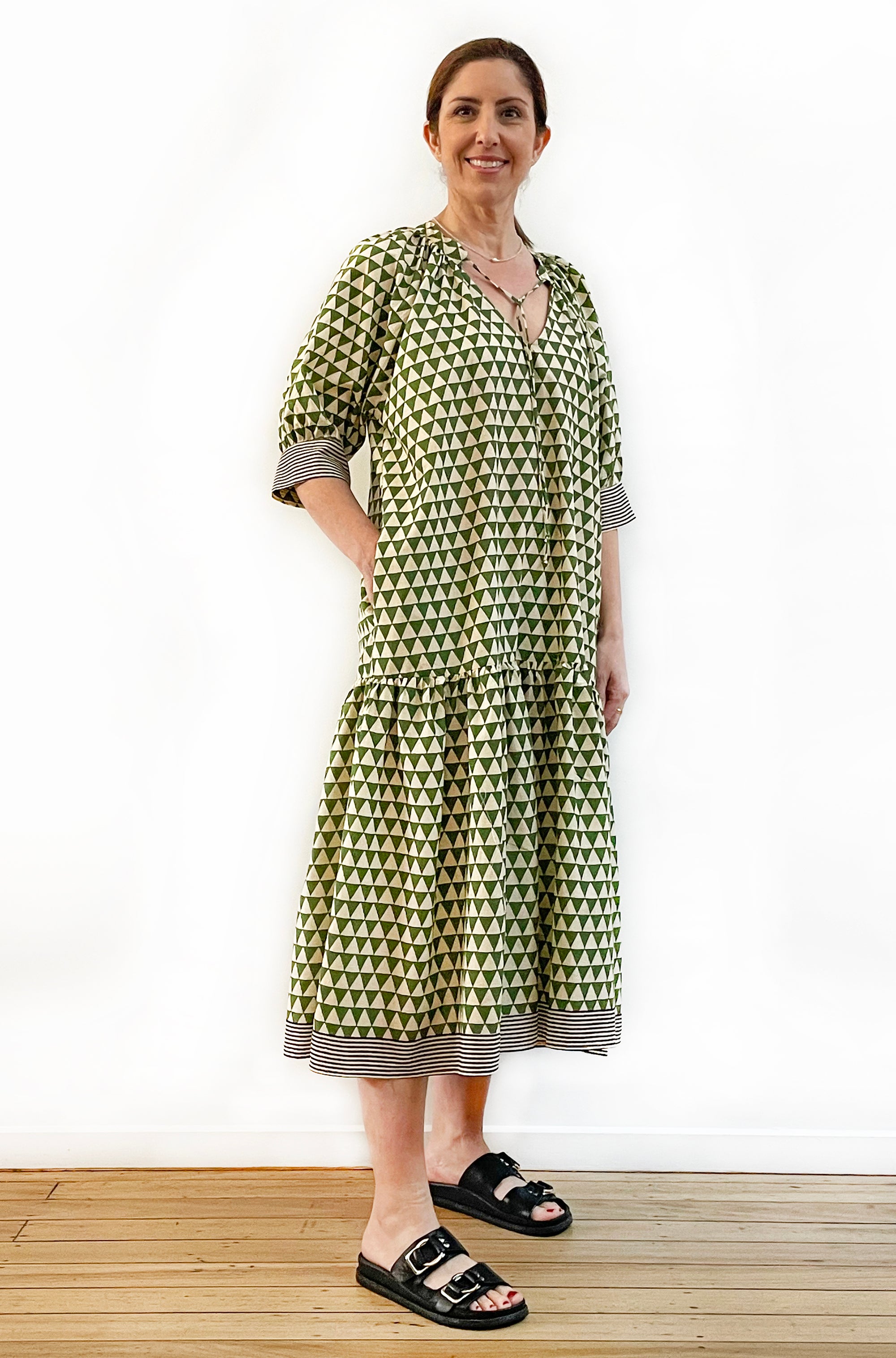 COTTON BLOCK PRINT DRESS GREEN