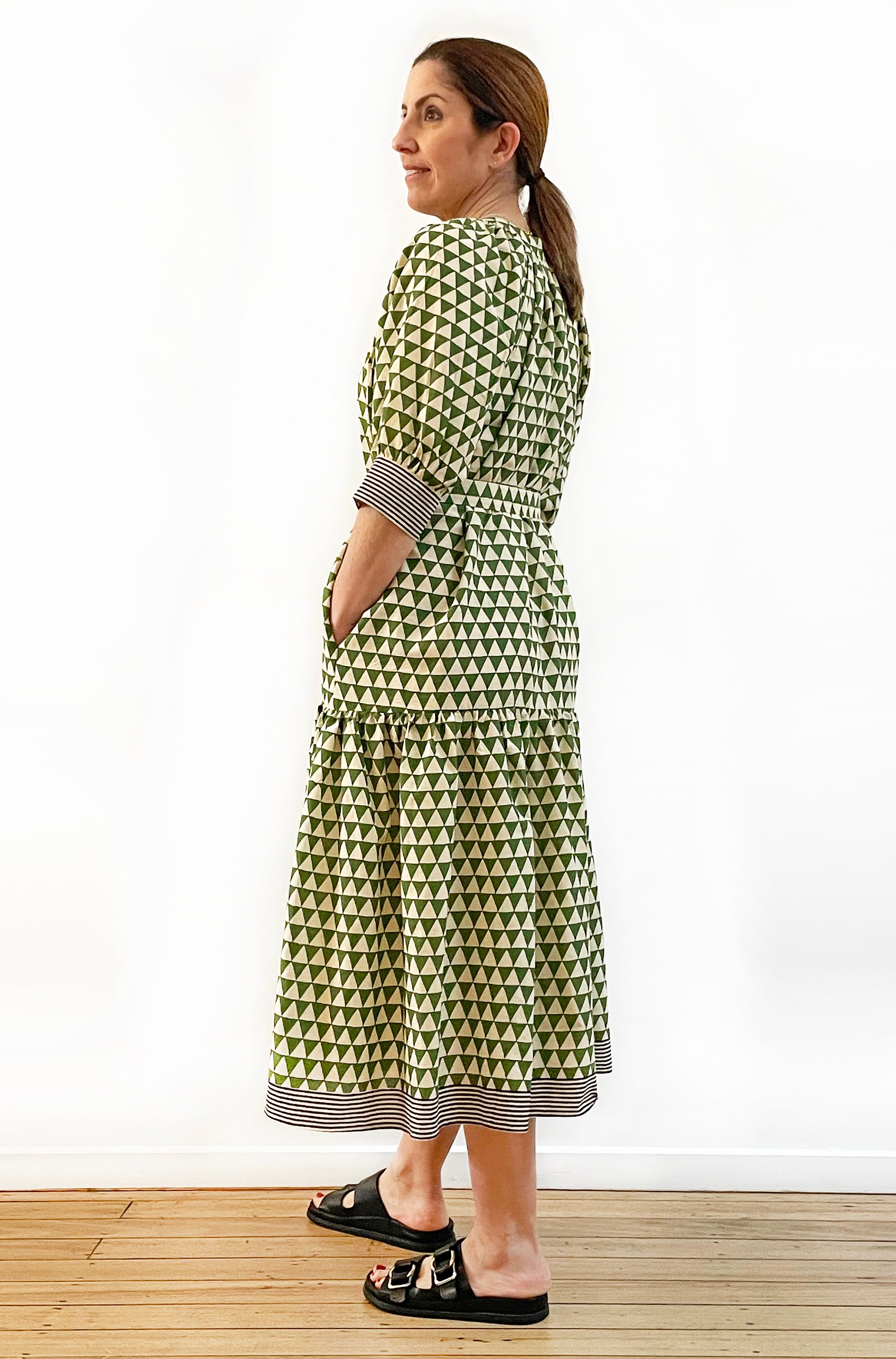 COTTON BLOCK PRINT DRESS GREEN