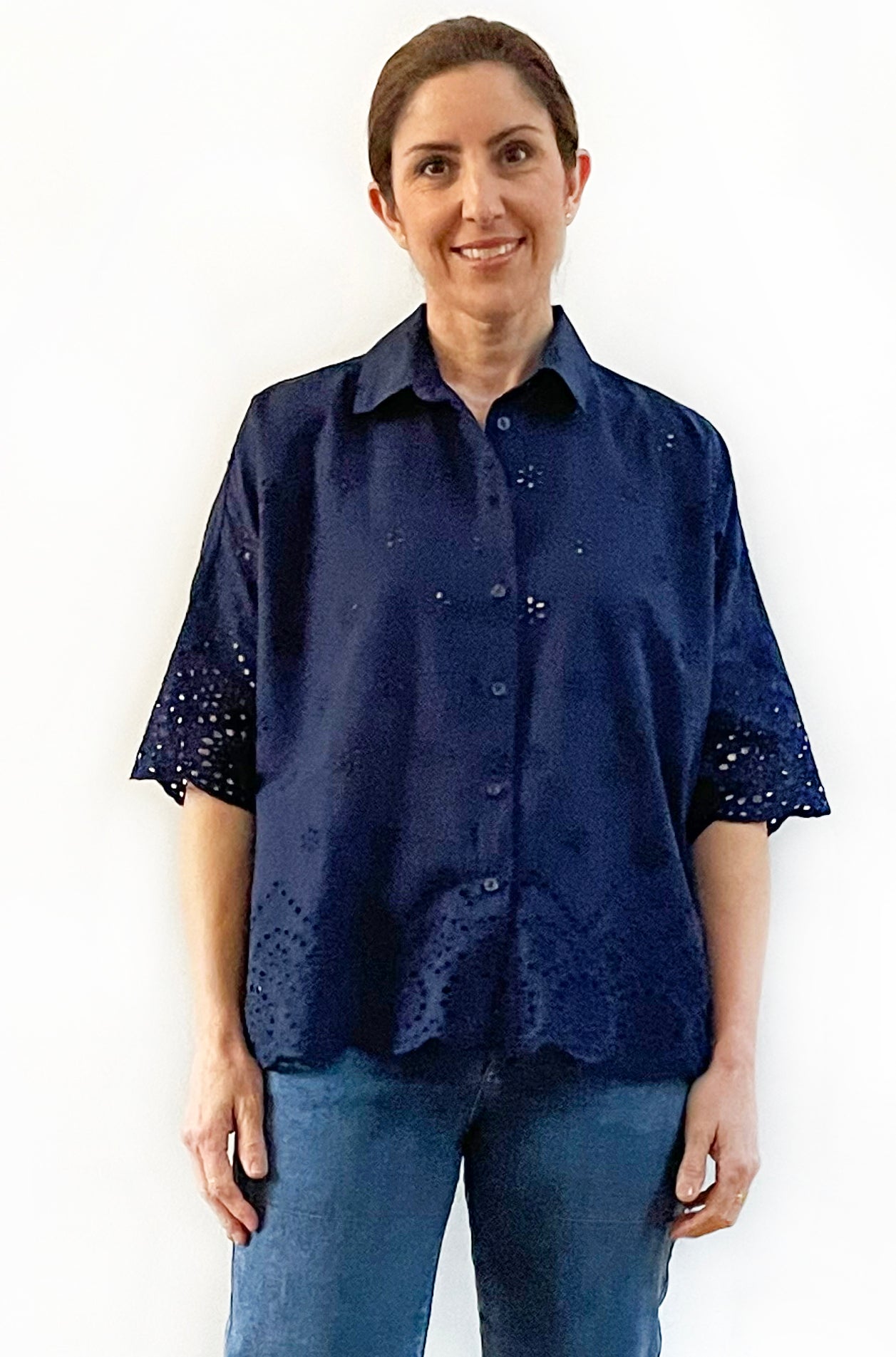 COTTON BRODERIE BOXY SHIRT NAVY