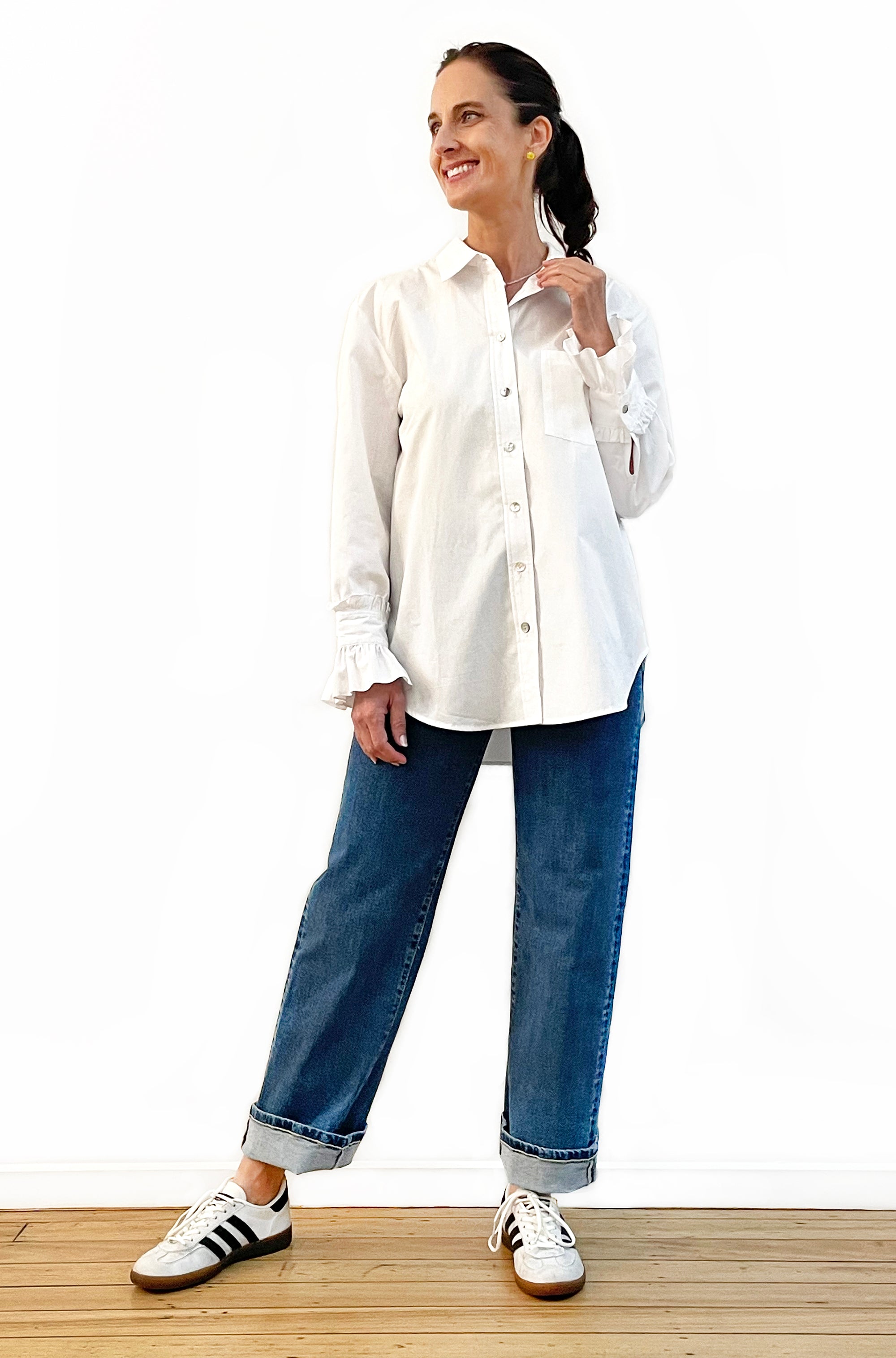 COTTON SLIM CUT CLASSIC FRILL CUFF SHIRT WHITE