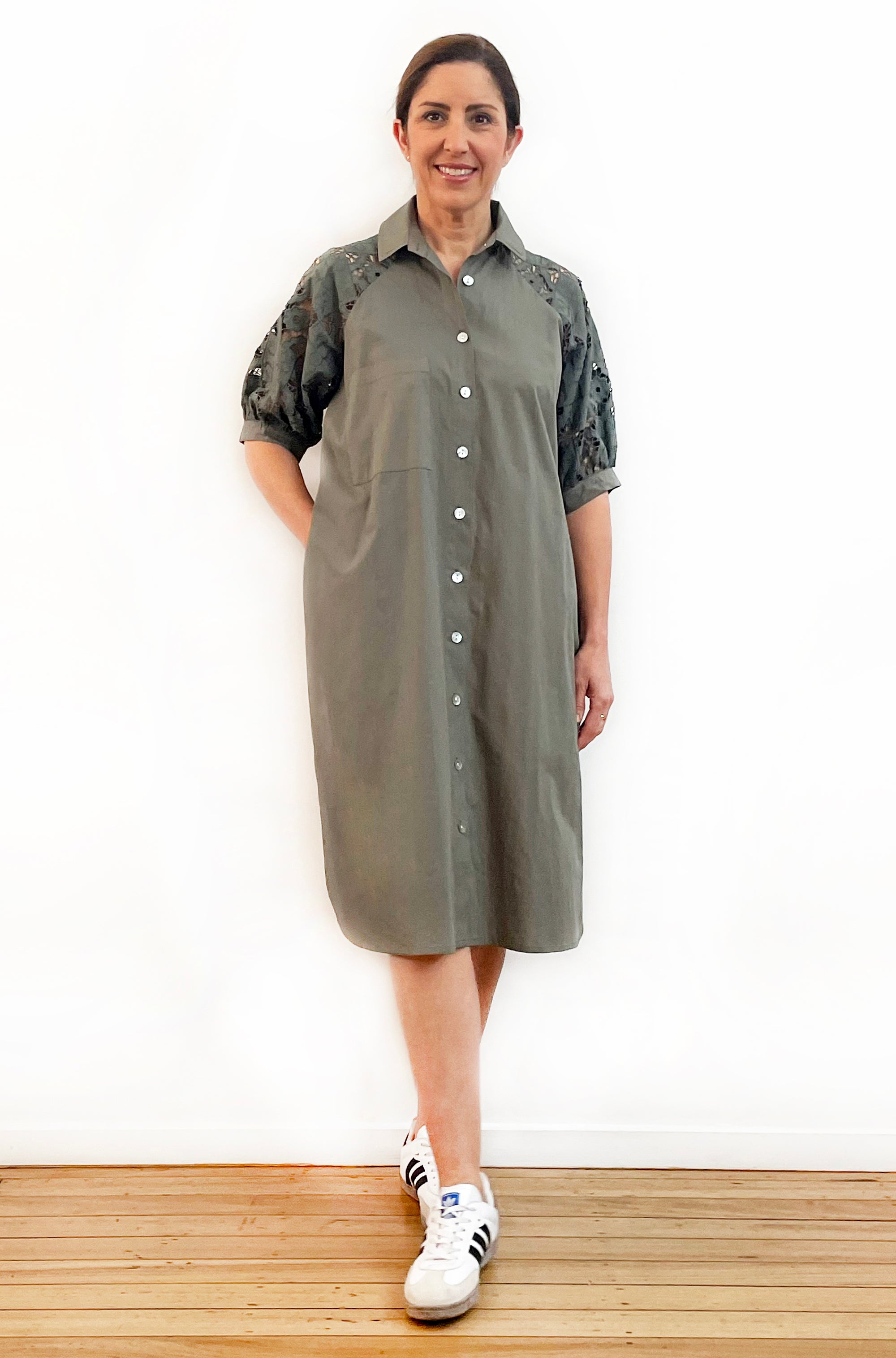 COTTON CUTWORK SLEEVE SHIRT DRESS KHAKI