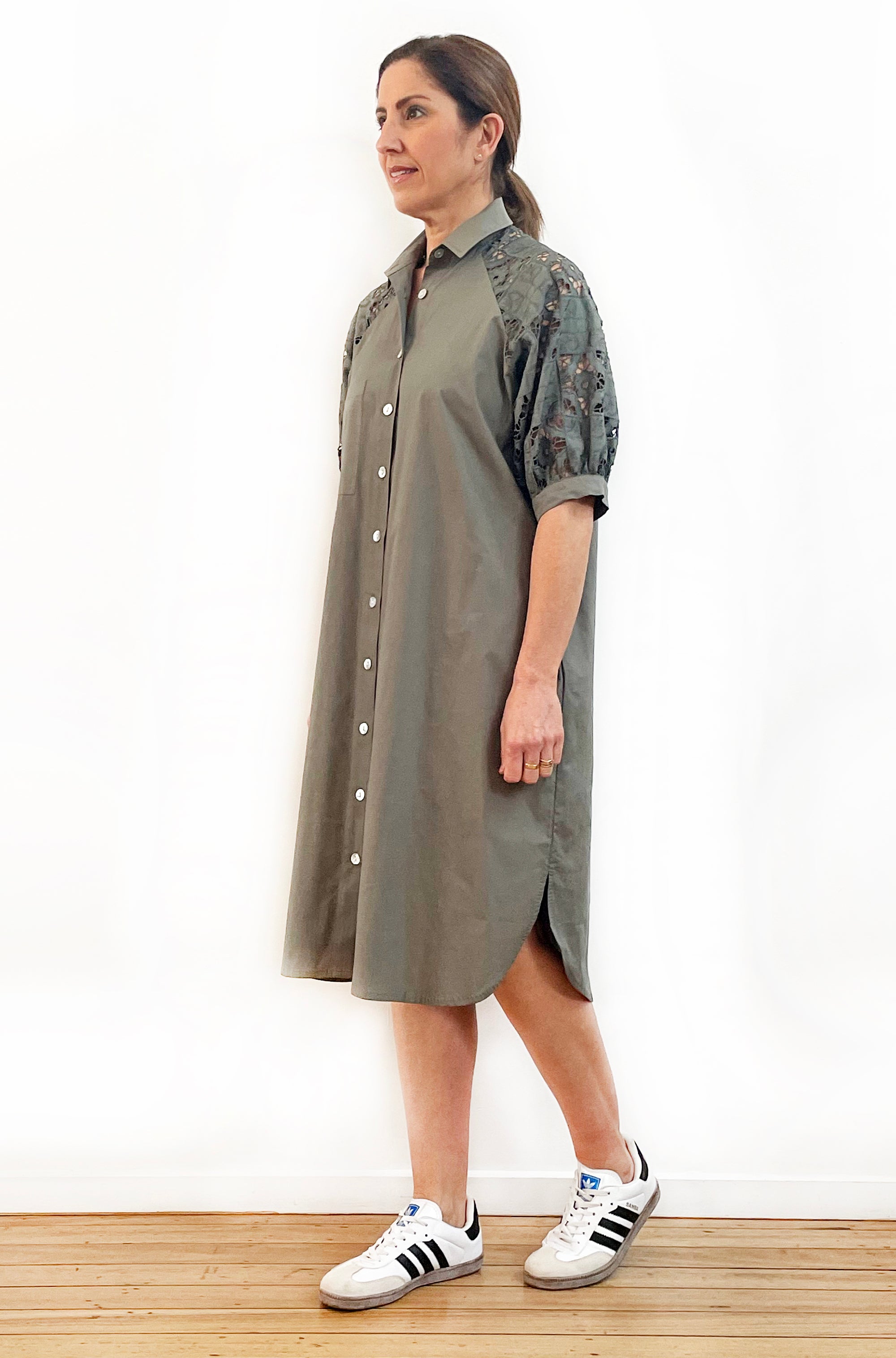 COTTON CUTWORK SLEEVE SHIRT DRESS KHAKI