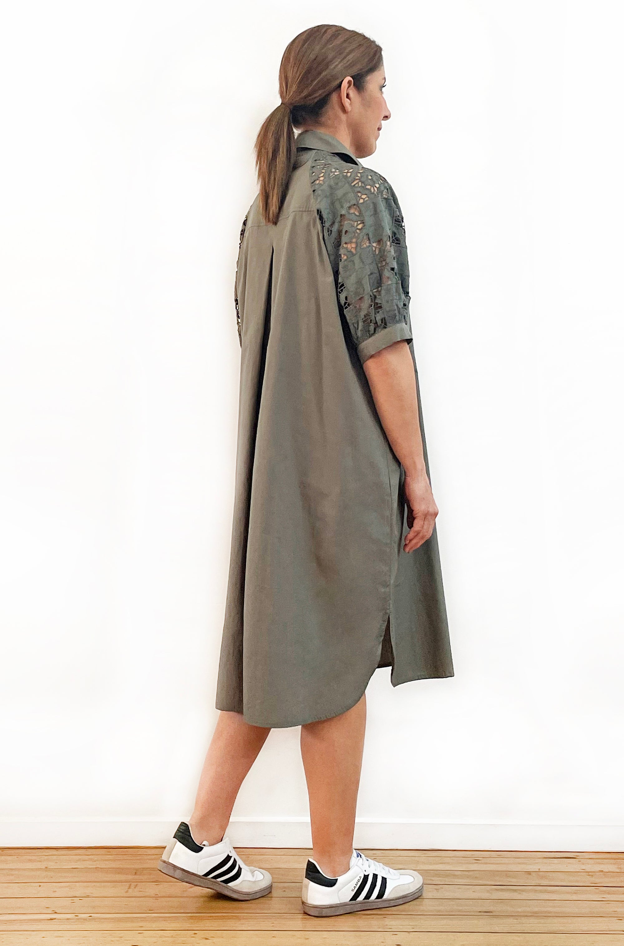 COTTON CUTWORK SLEEVE SHIRT DRESS KHAKI