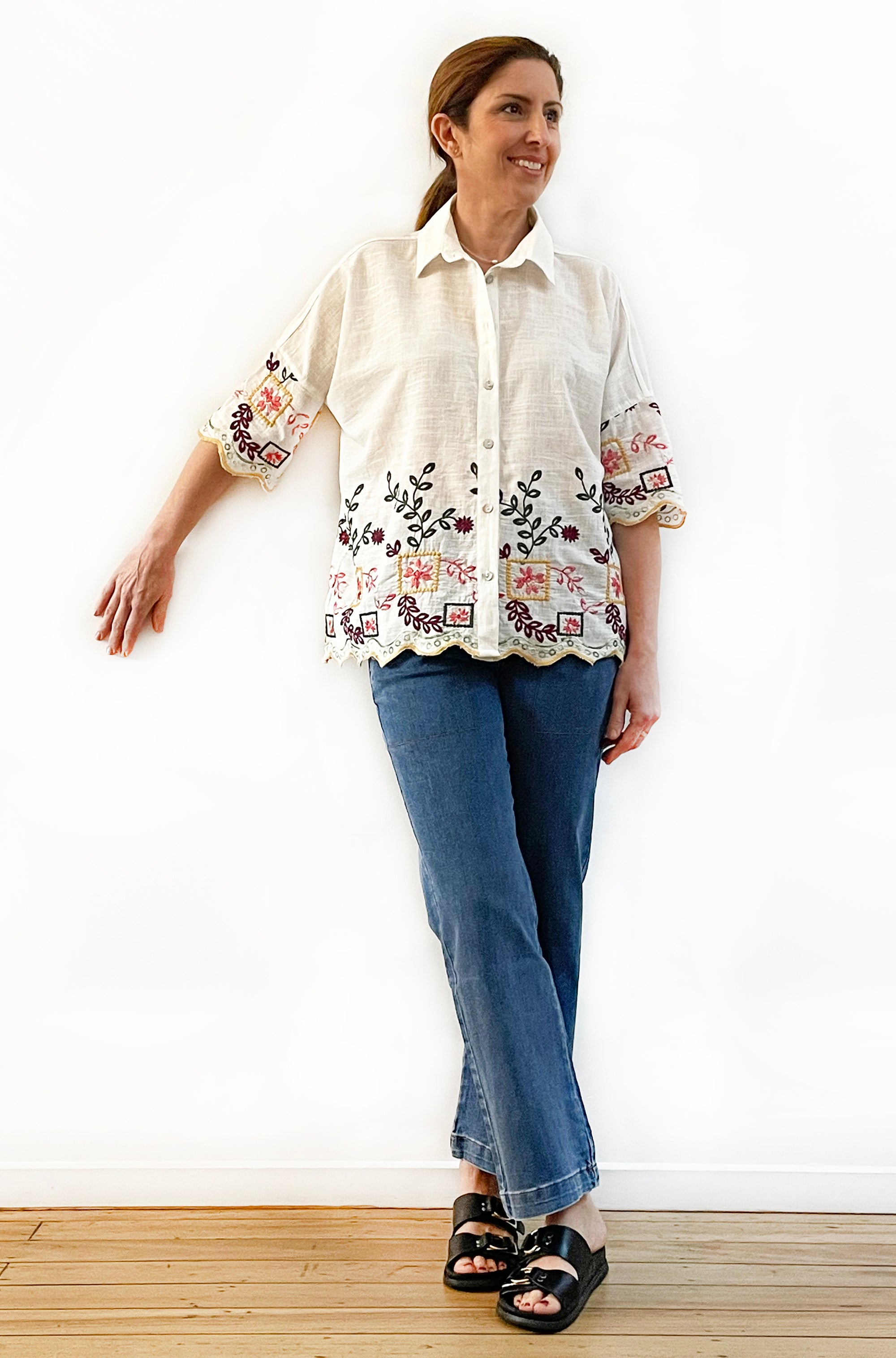 COTTON EMBROIDERED BOXY SHIRT CREAM