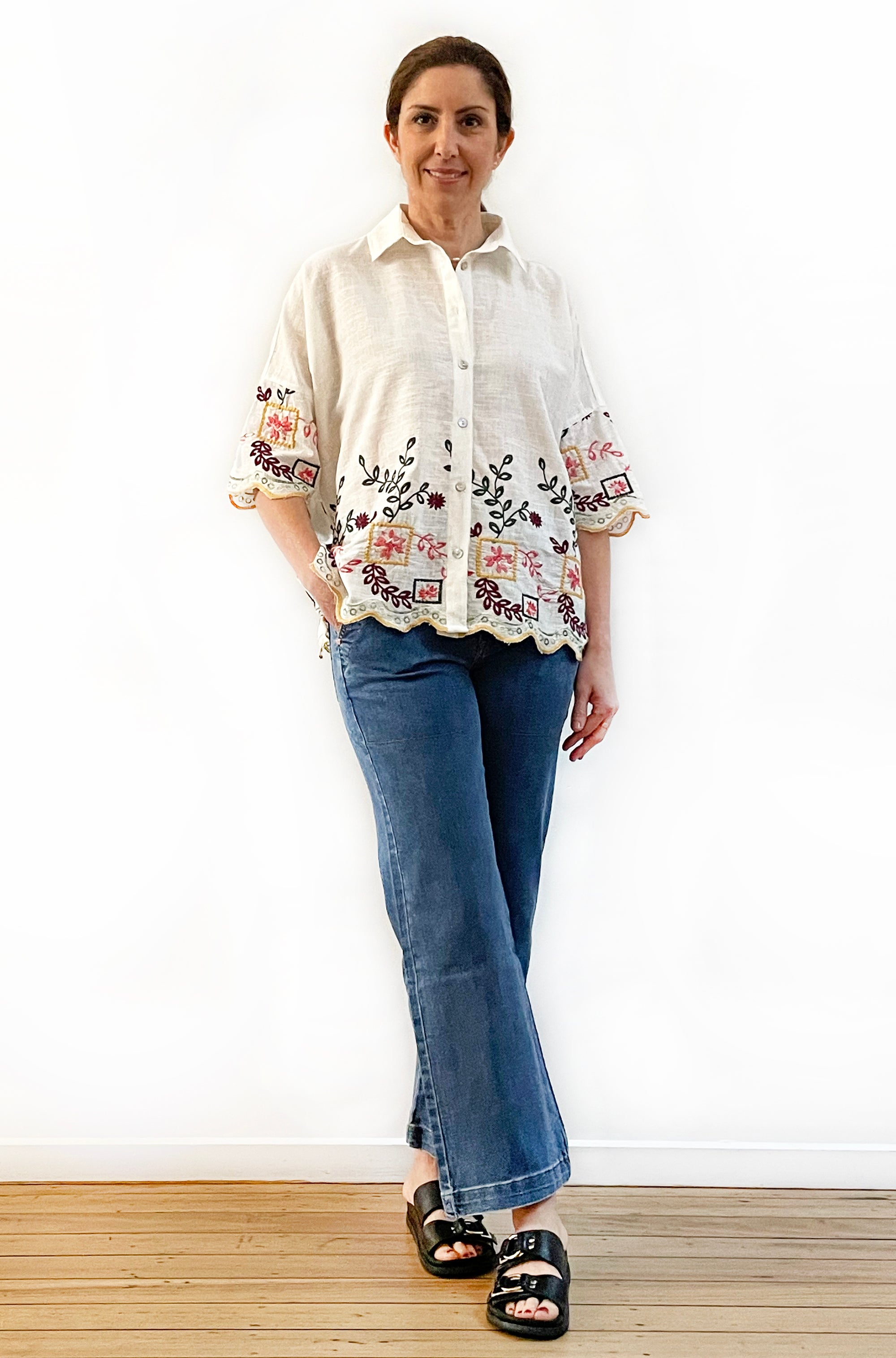 COTTON EMBROIDERED BOXY SHIRT CREAM