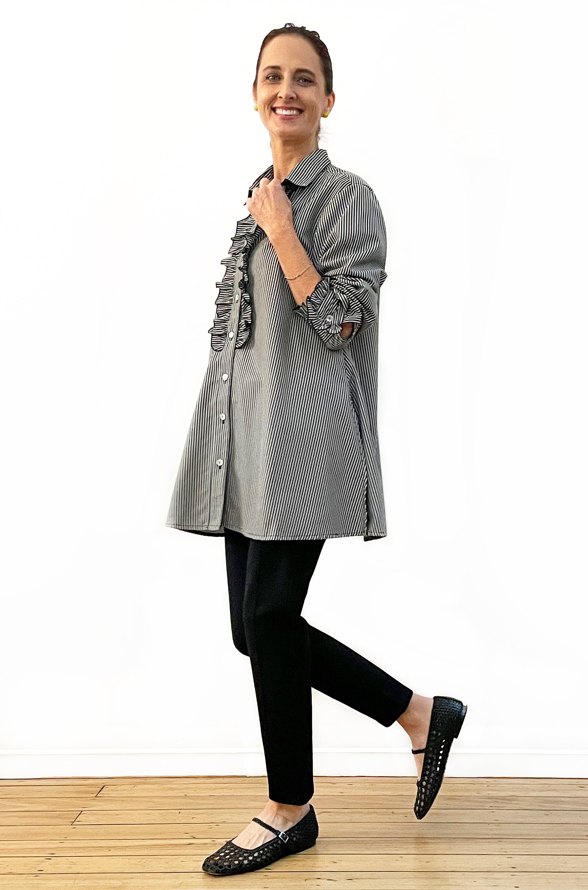 COTTON FRILL DETAIL SWING SHIRT STRIPE