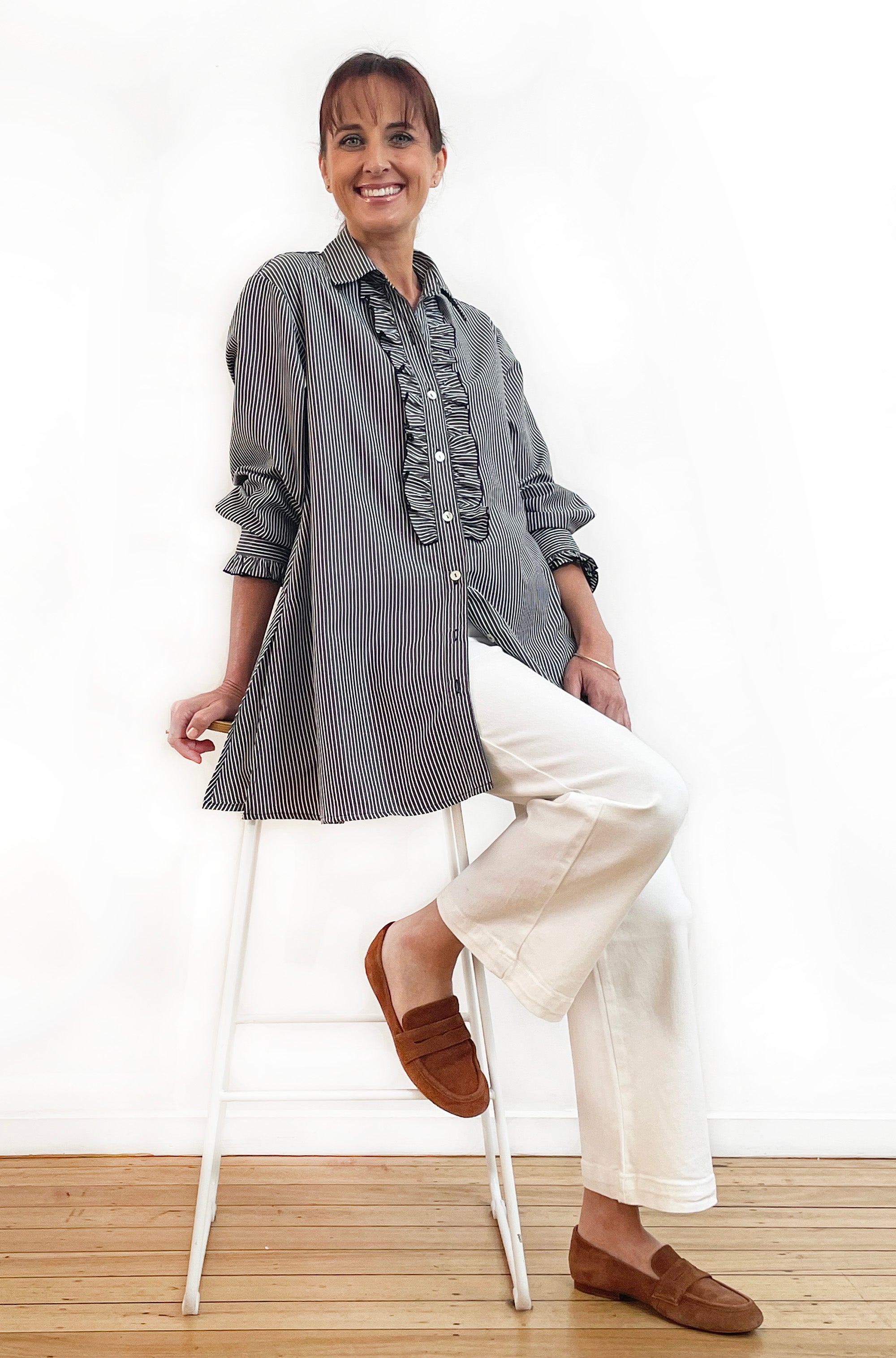 COTTON FRILL DETAIL SWING SHIRT STRIPE
