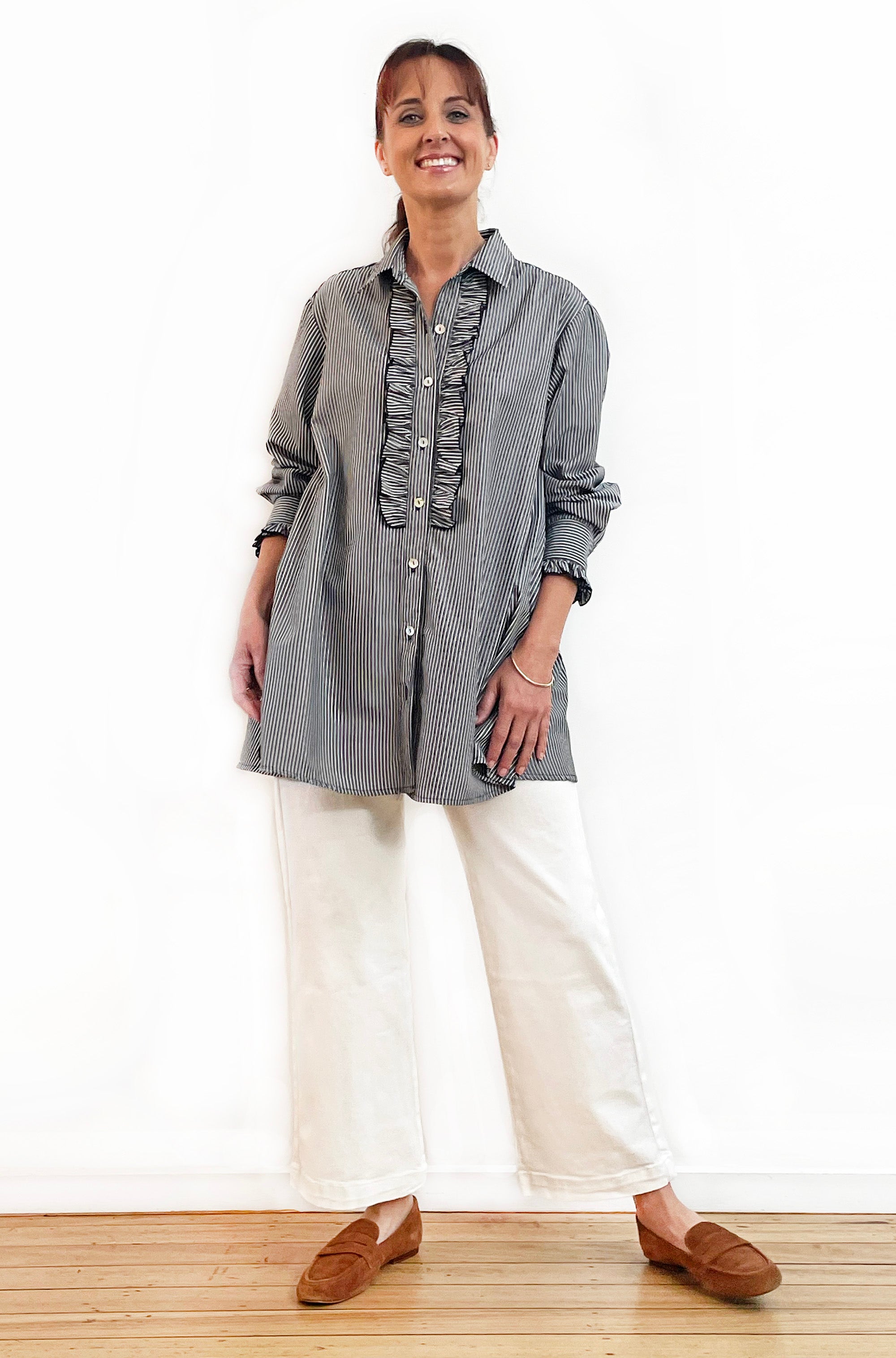 COTTON FRILL DETAIL SWING SHIRT STRIPE