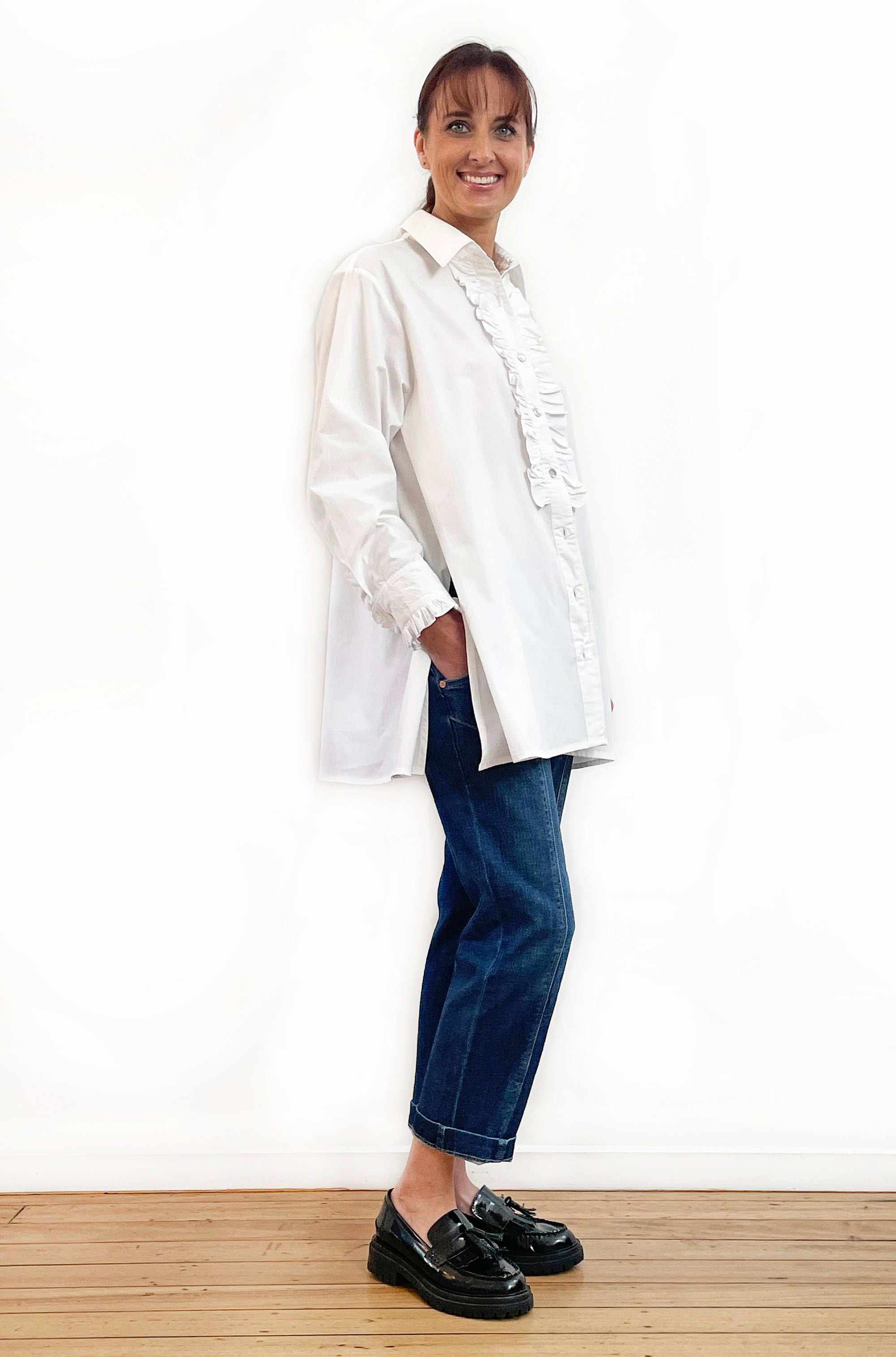 COTTON FRILL DETAIL SWING SHIRT WHITE