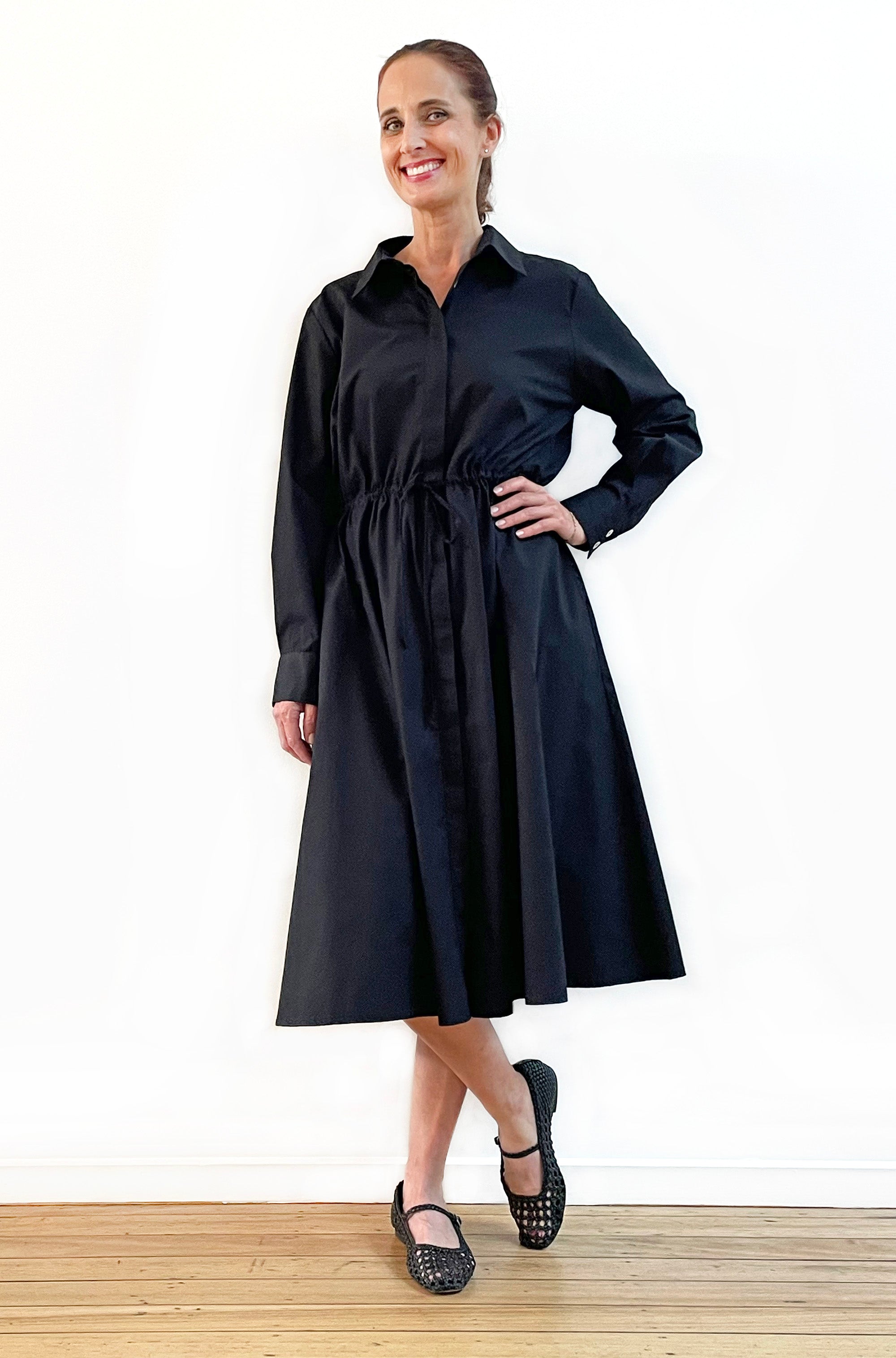 COTTON FULL SKIRT SHIRT DRESS BLACK