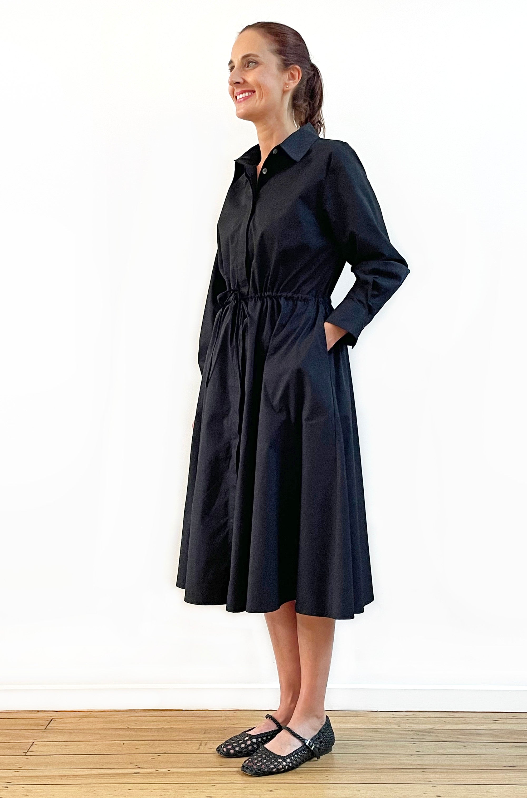 COTTON FULL SKIRT SHIRT DRESS BLACK