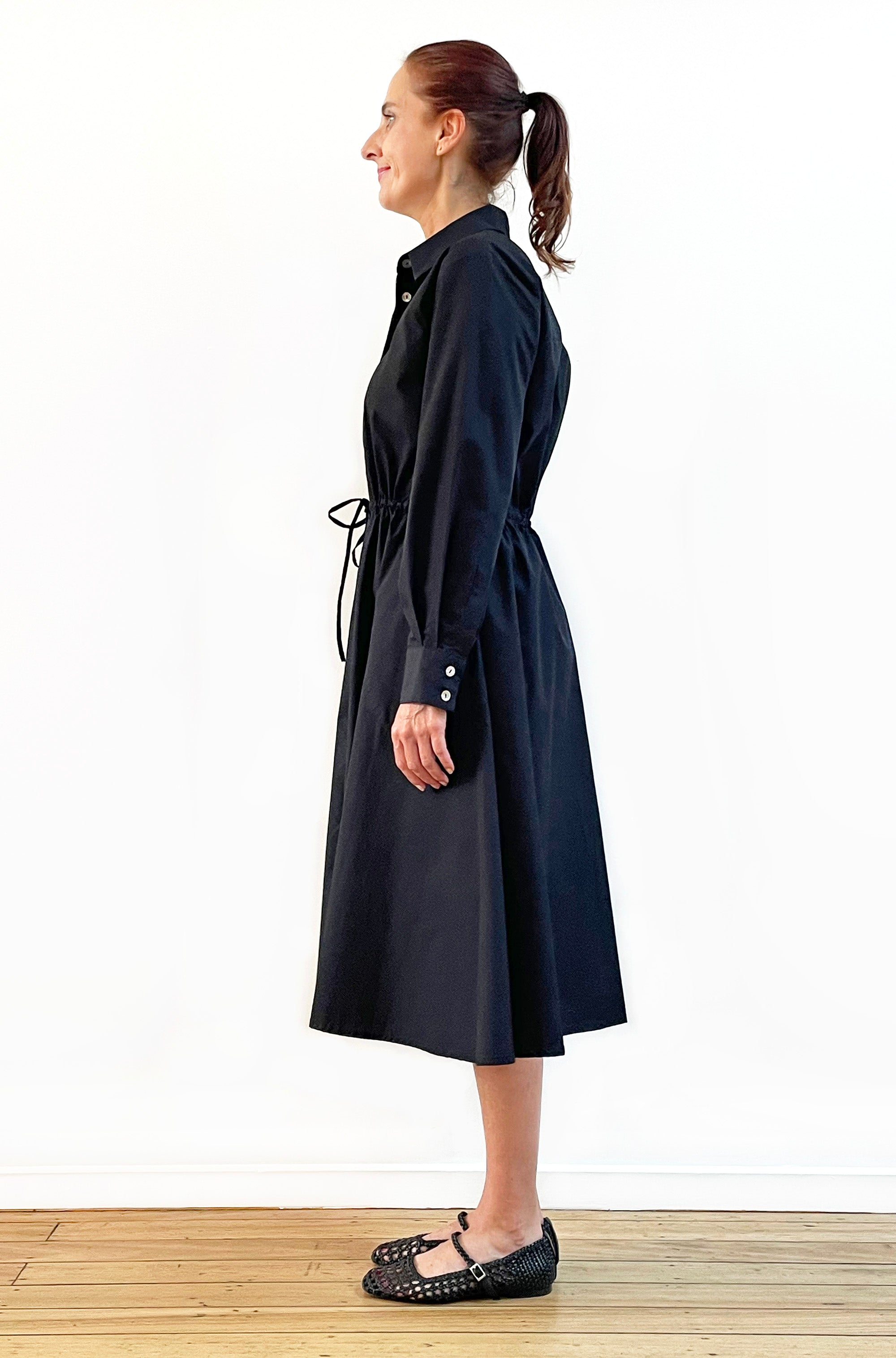 COTTON FULL SKIRT SHIRT DRESS BLACK