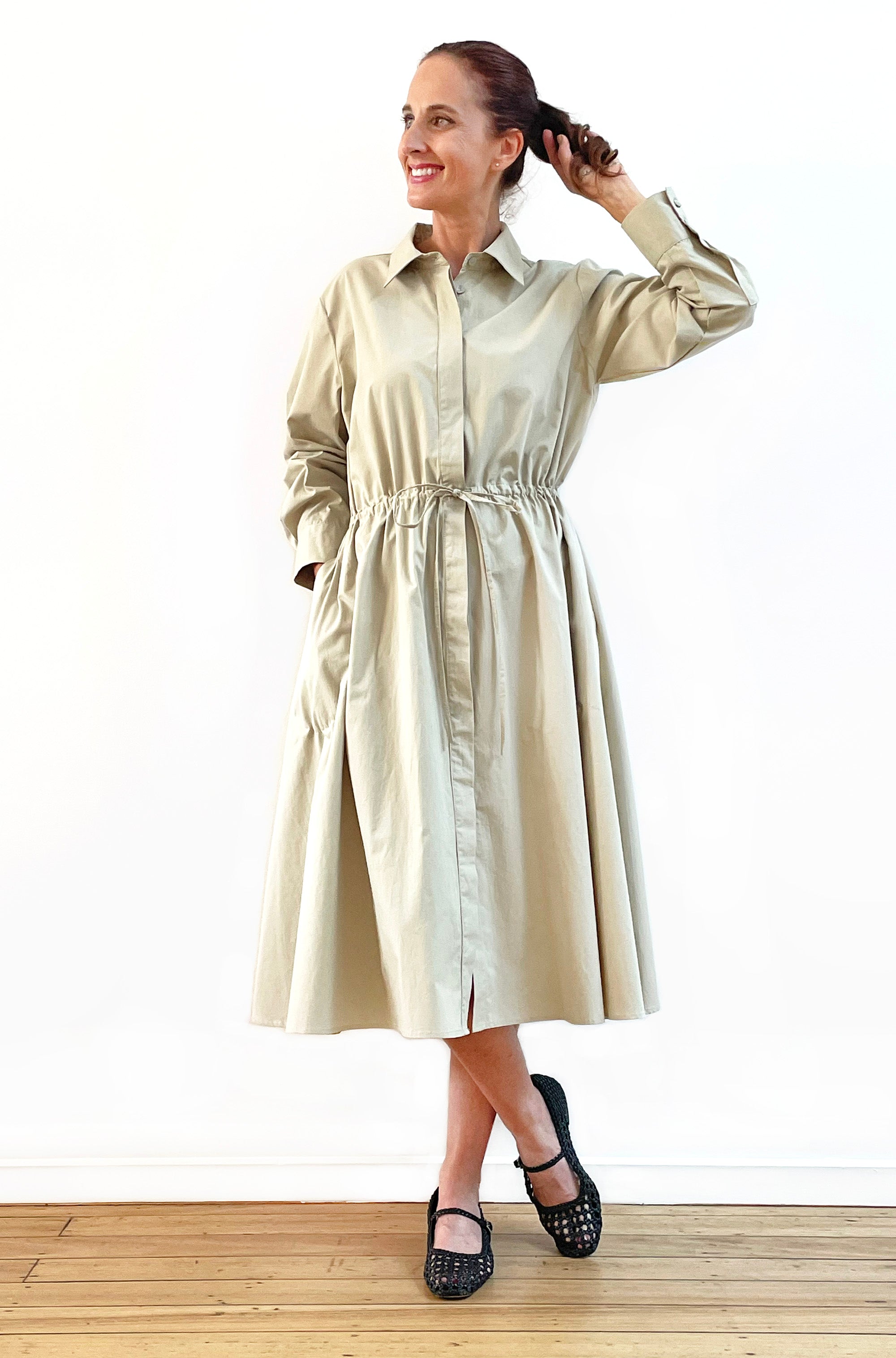 COTTON FULL SKIRT SHIRT DRESS NATURAL