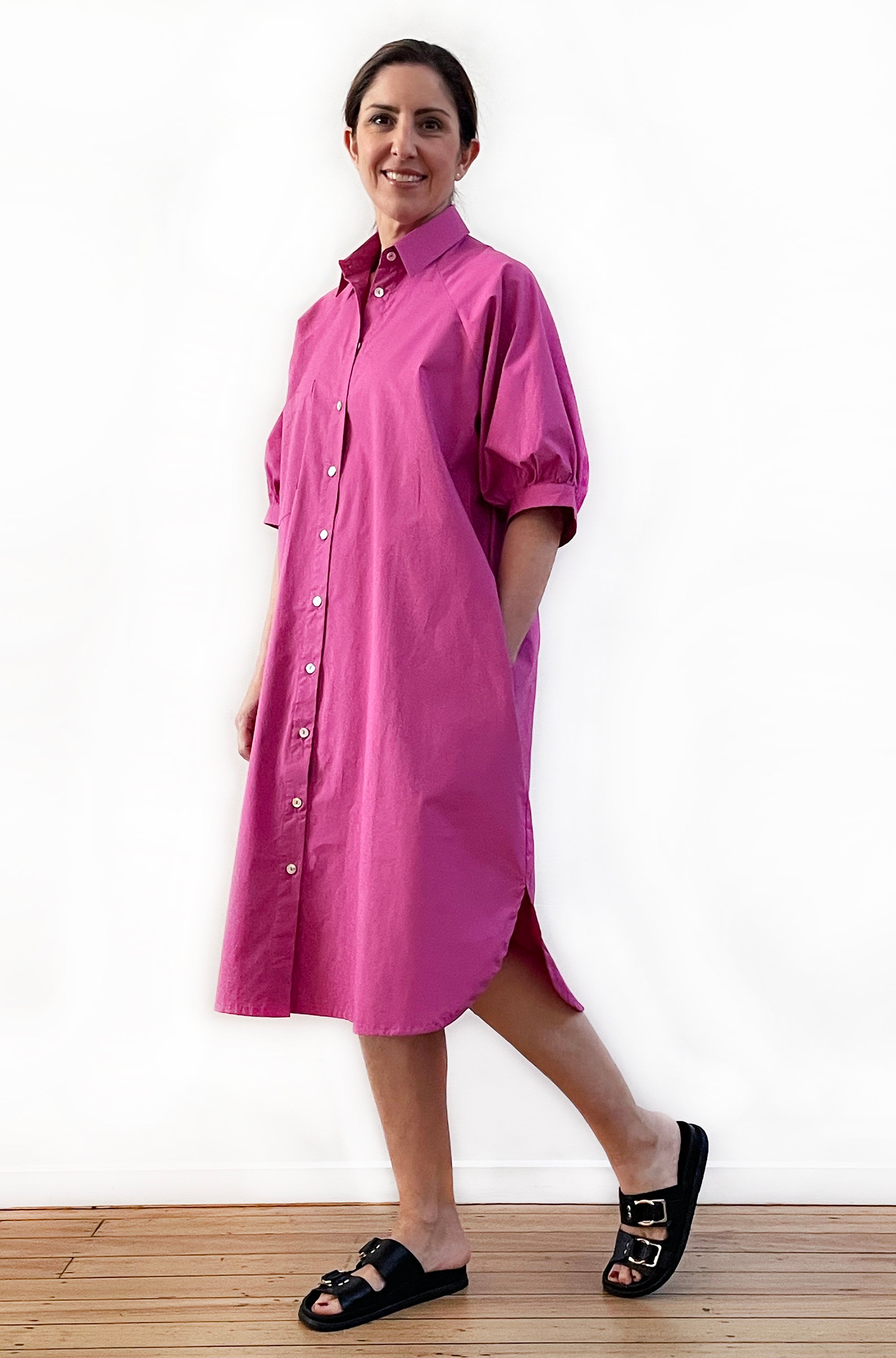 COTTON GATHERED SLEEVE SHIRT DRESS FUCHSIA