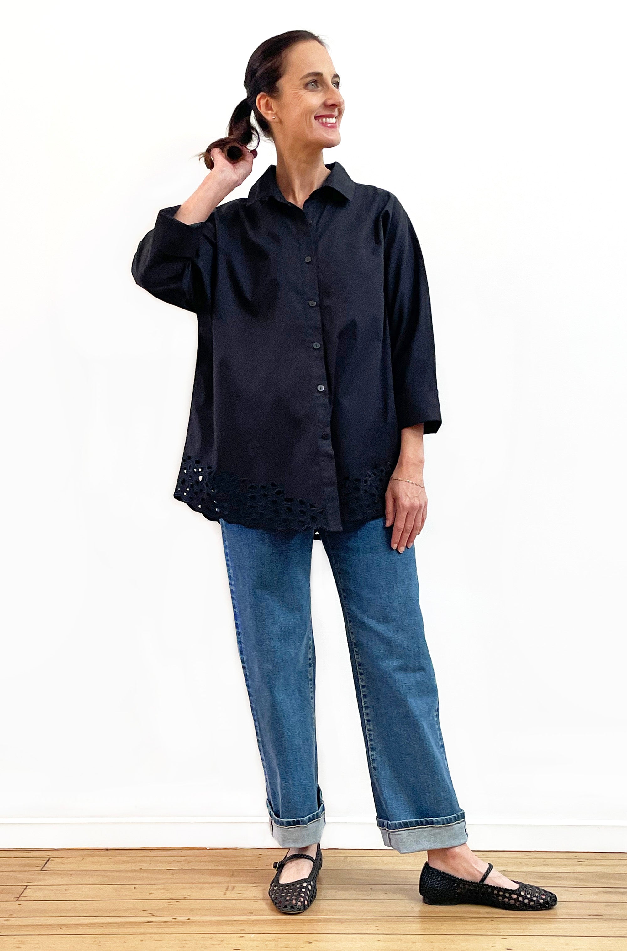 COTTON KIMONO SLEEVE CUTWORK SHIRT BLACK