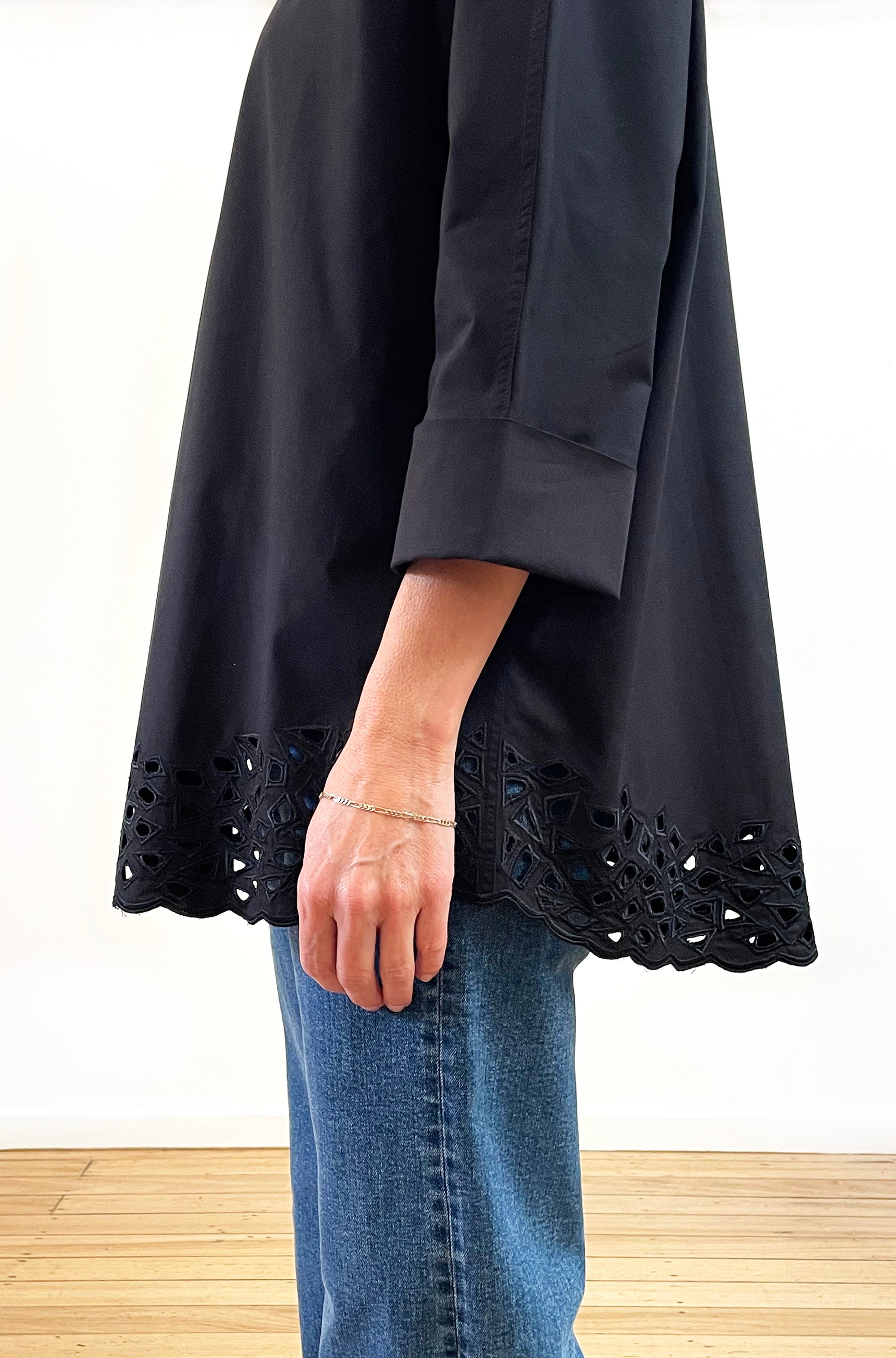 COTTON KIMONO SLEEVE CUTWORK SHIRT BLACK