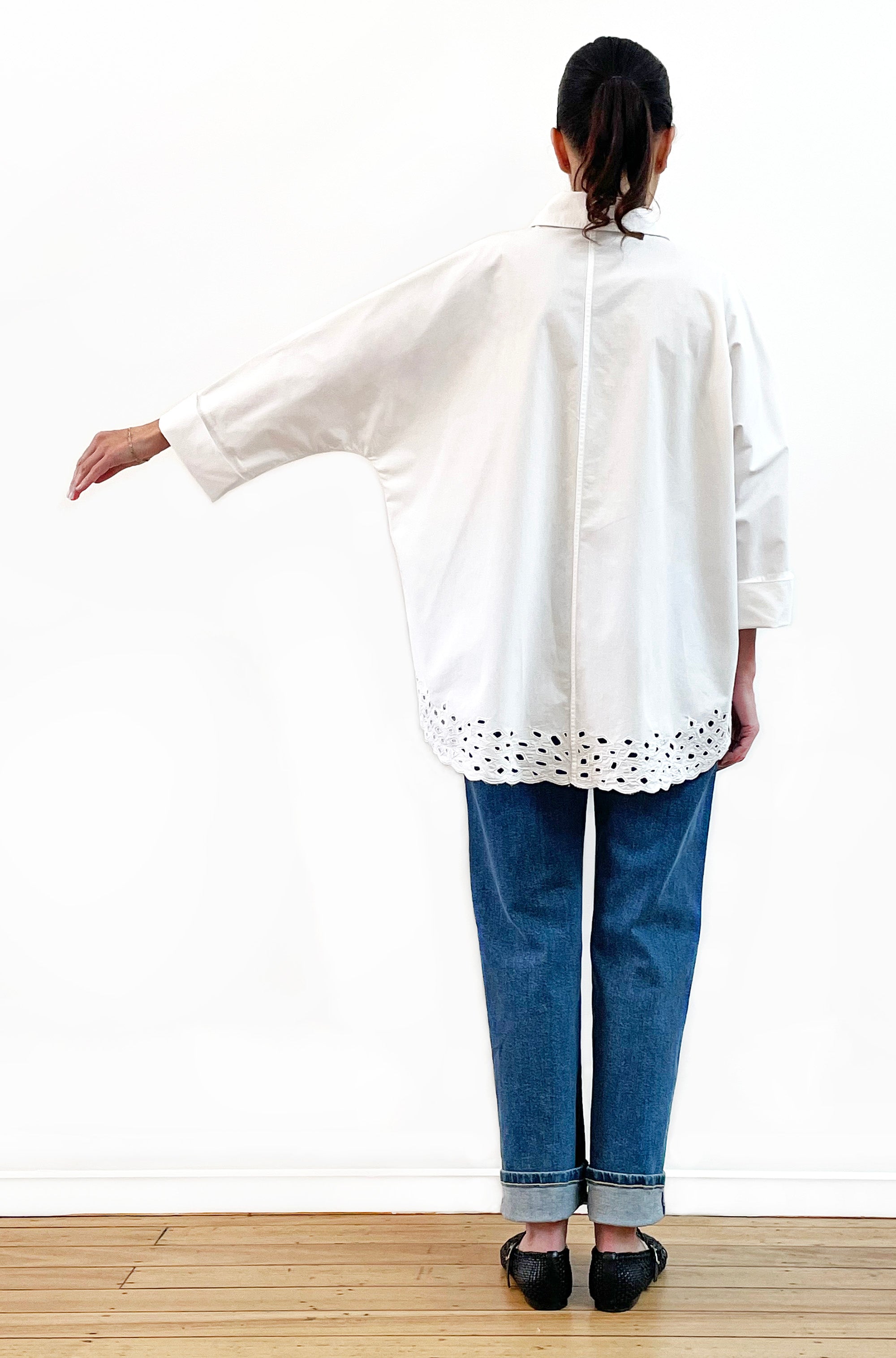 COTTON KIMONO SLEEVE CUTWORK SHIRT WHITE