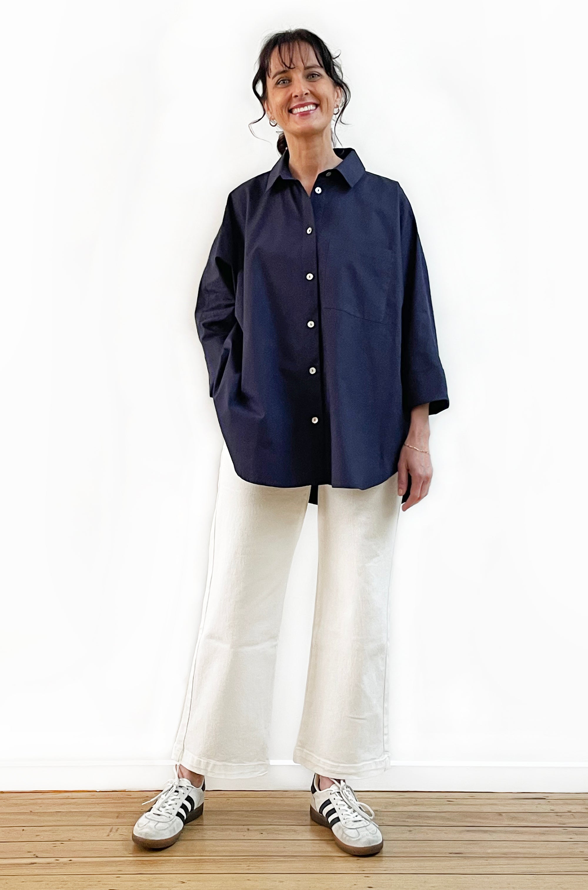 COTTON KIMONO SLEEVE SHIRT NAVY