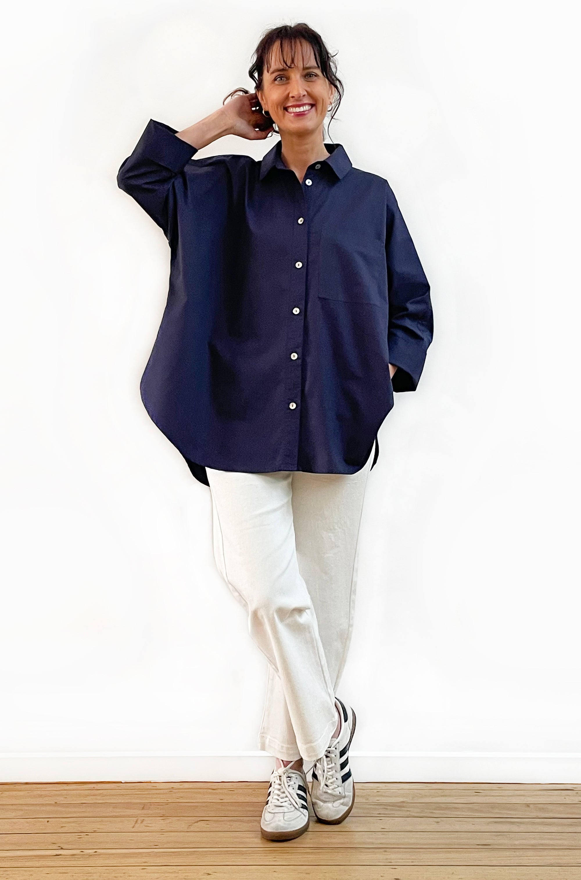COTTON KIMONO SLEEVE SHIRT NAVY