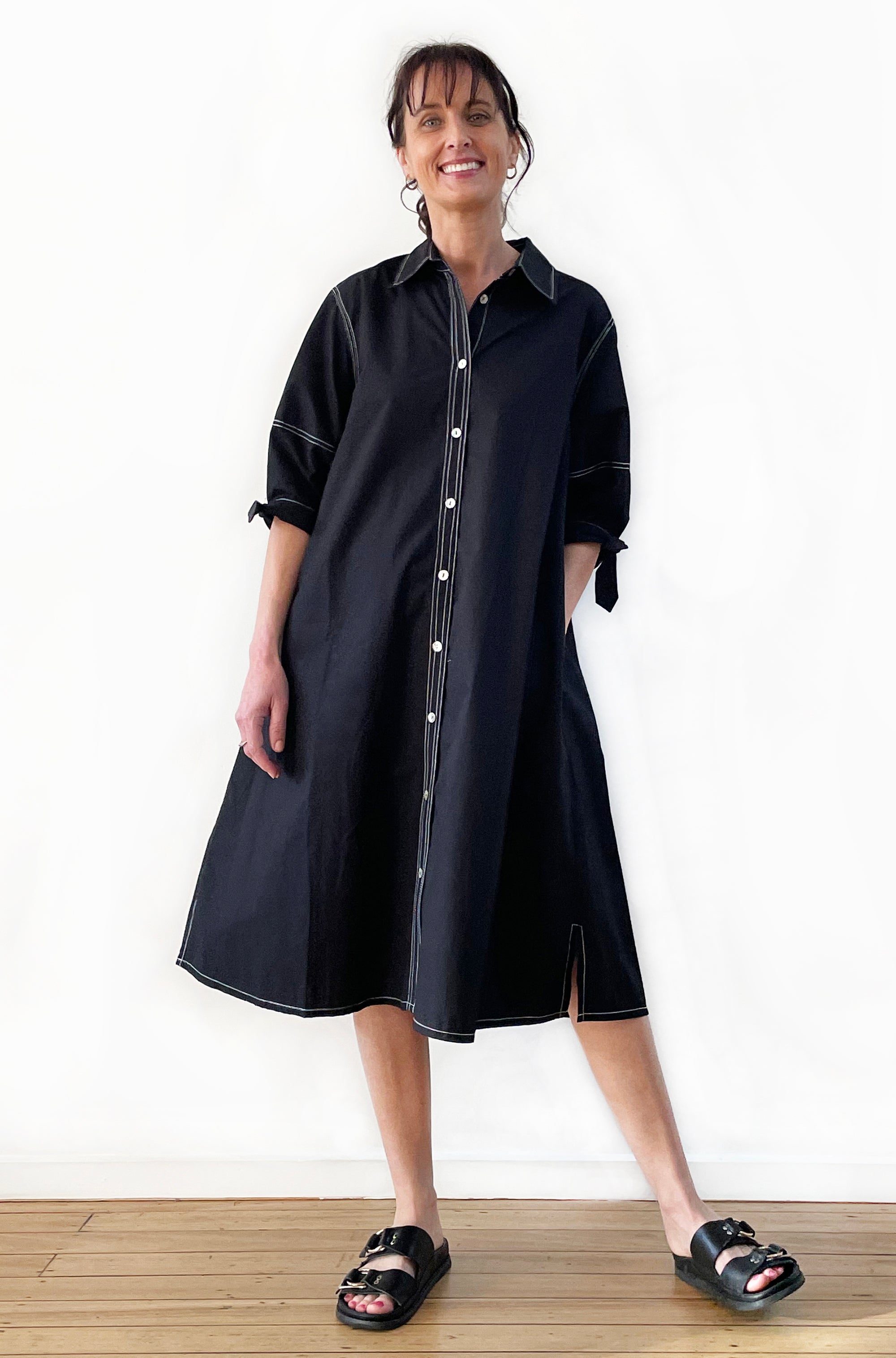 COTTON LANTERN SLEEVE SHIRT DRESS BLACK