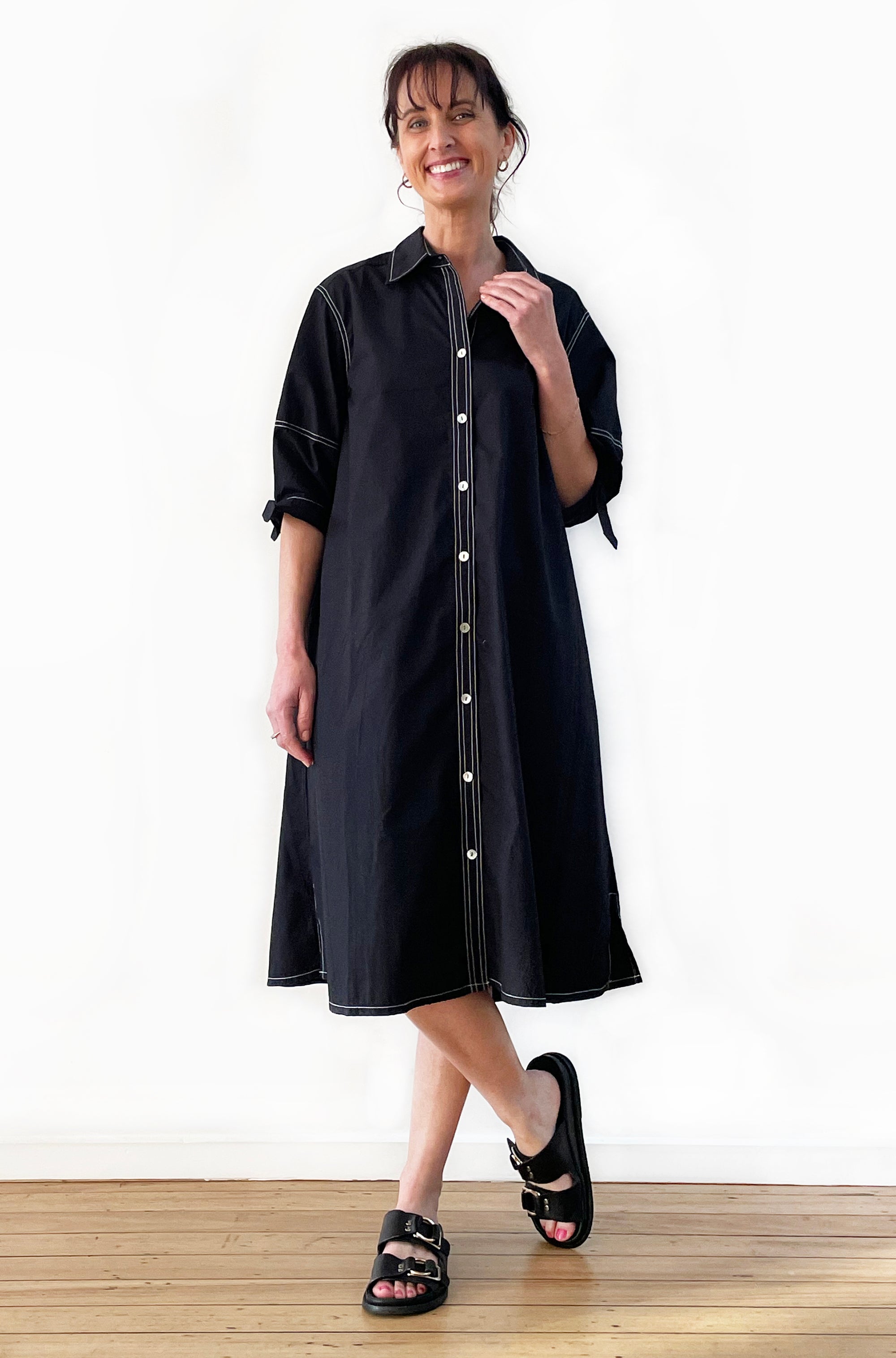 COTTON LANTERN SLEEVE SHIRT DRESS BLACK