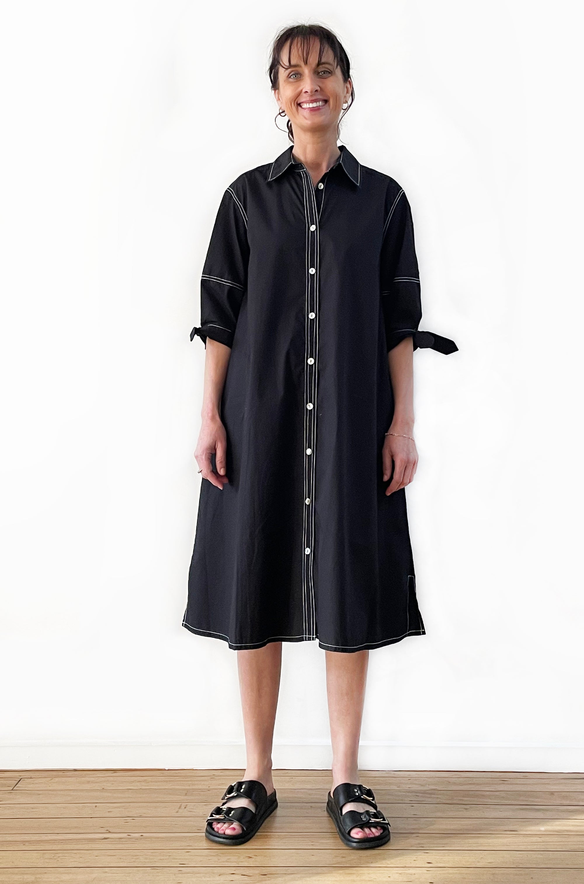 COTTON LANTERN SLEEVE SHIRT DRESS BLACK