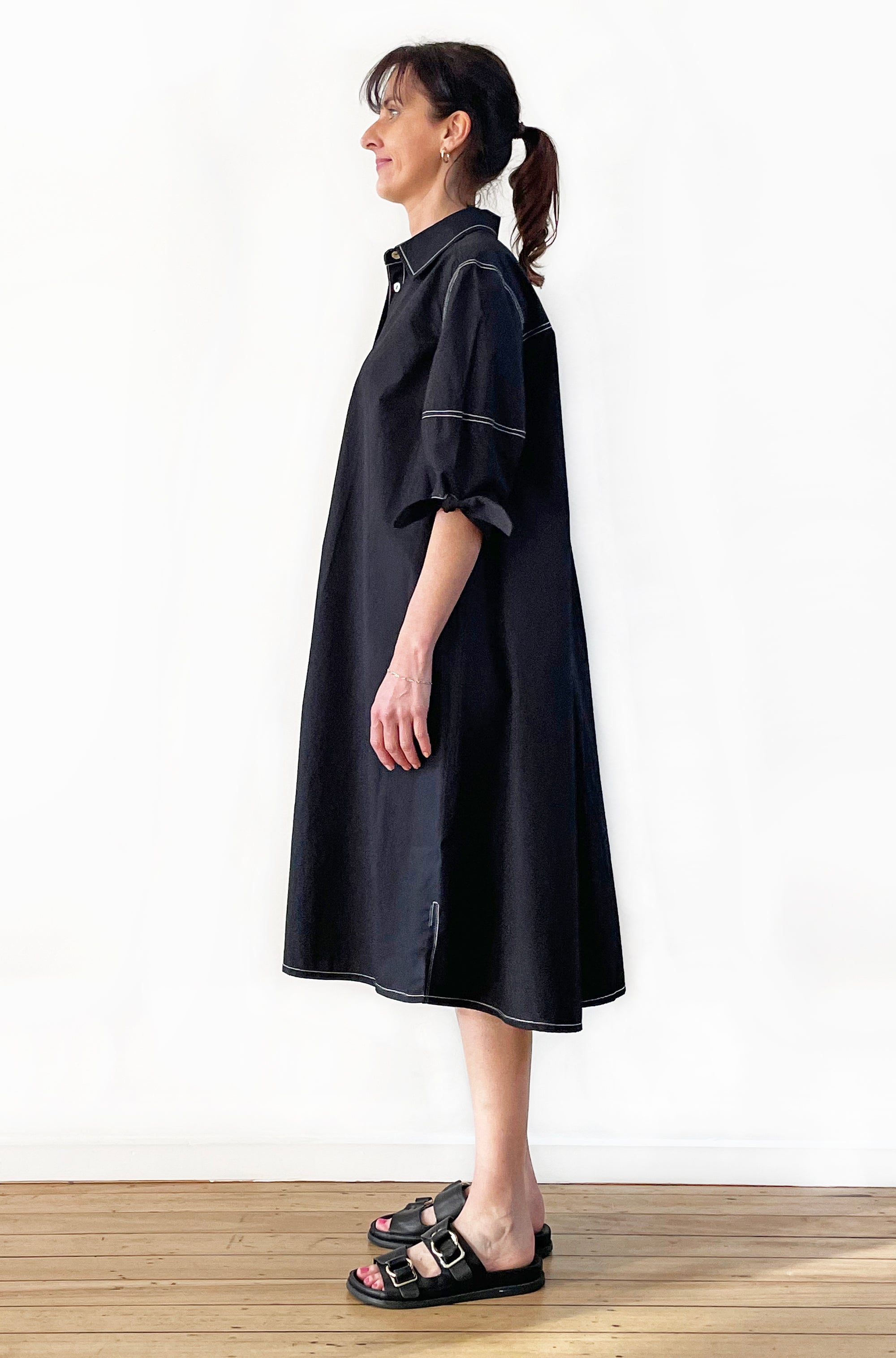 COTTON LANTERN SLEEVE SHIRT DRESS BLACK