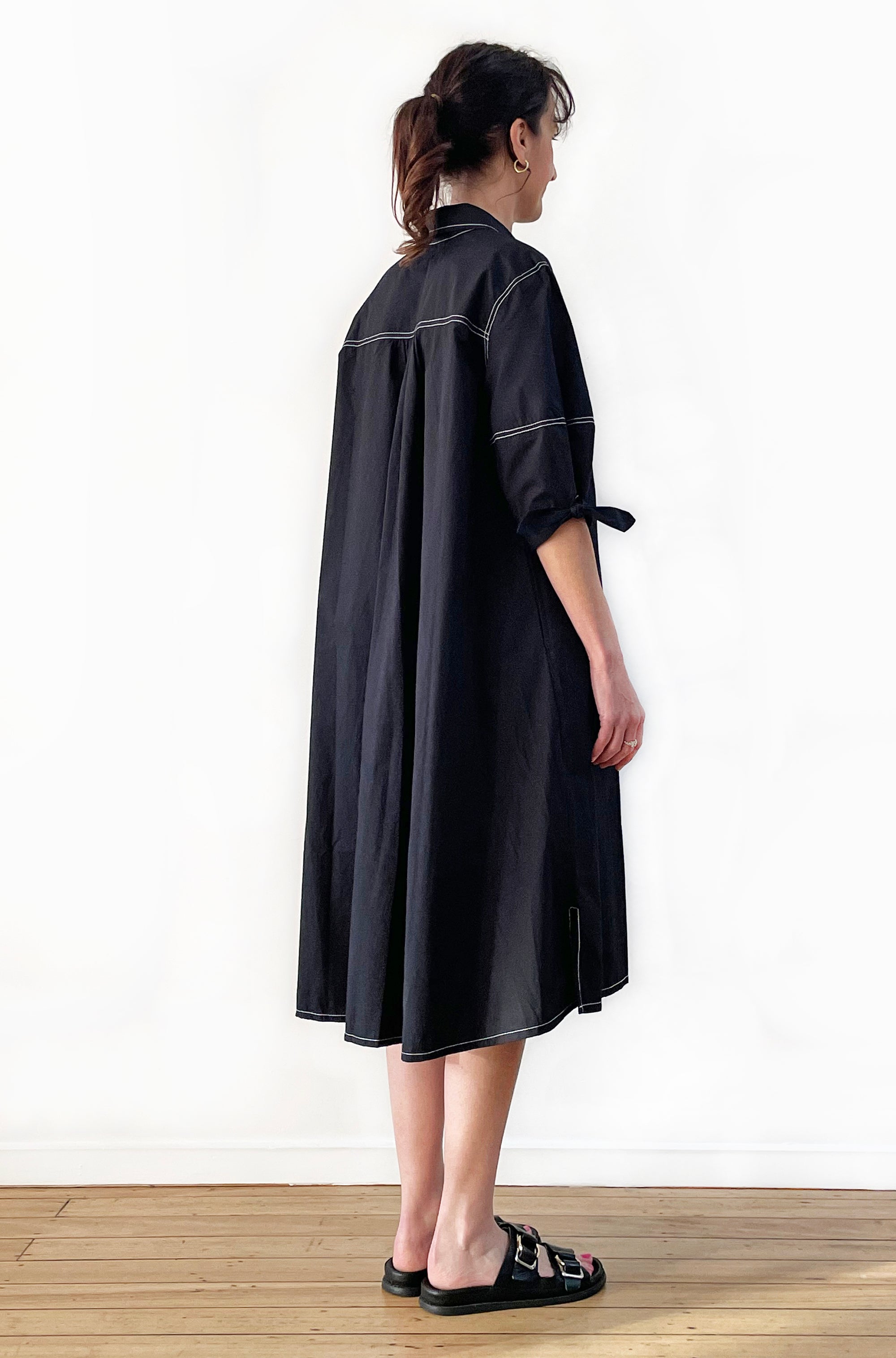 COTTON LANTERN SLEEVE SHIRT DRESS BLACK