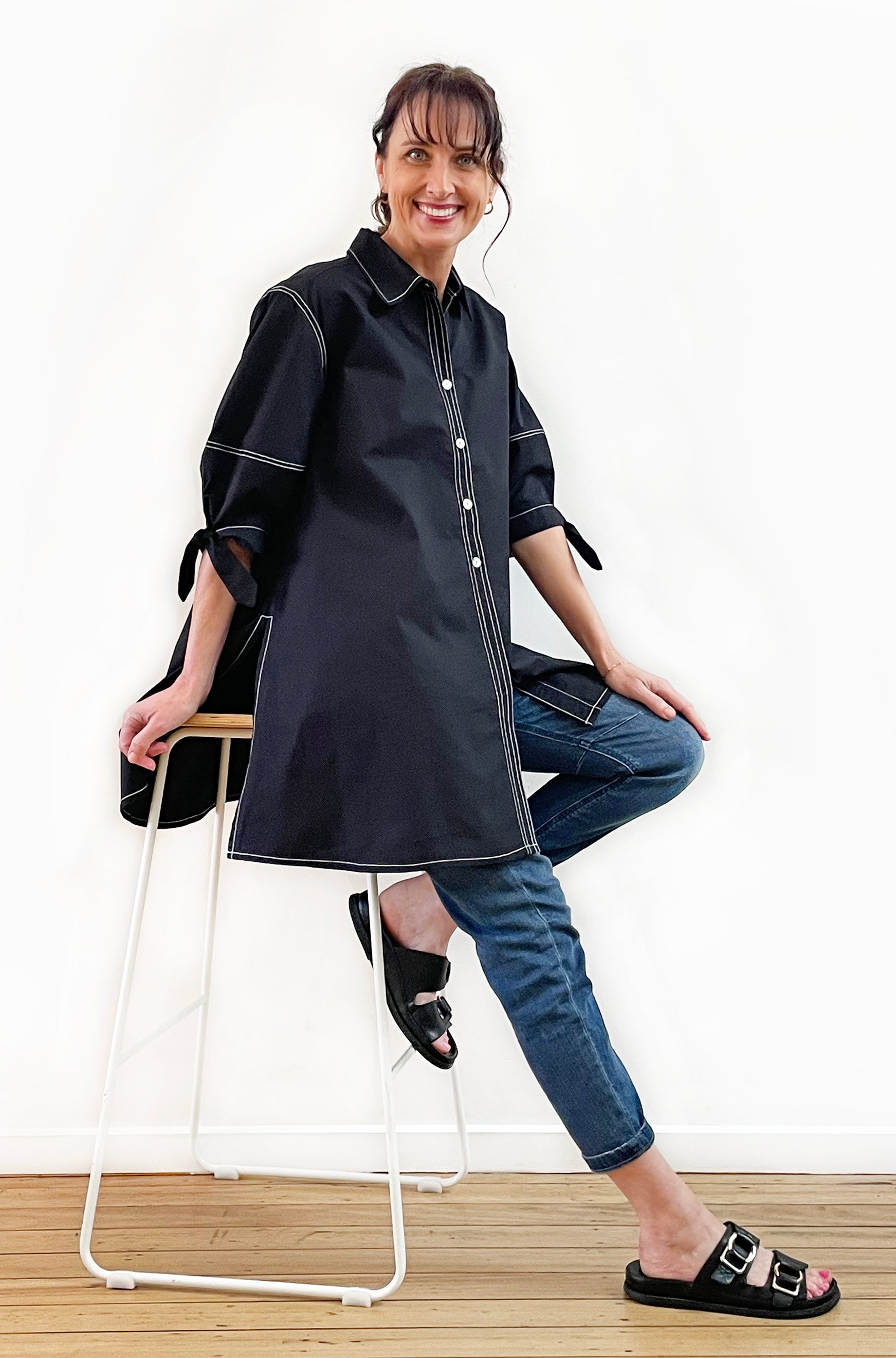 COTTON LANTERN SLEEVE SWING SHIRT BLACK