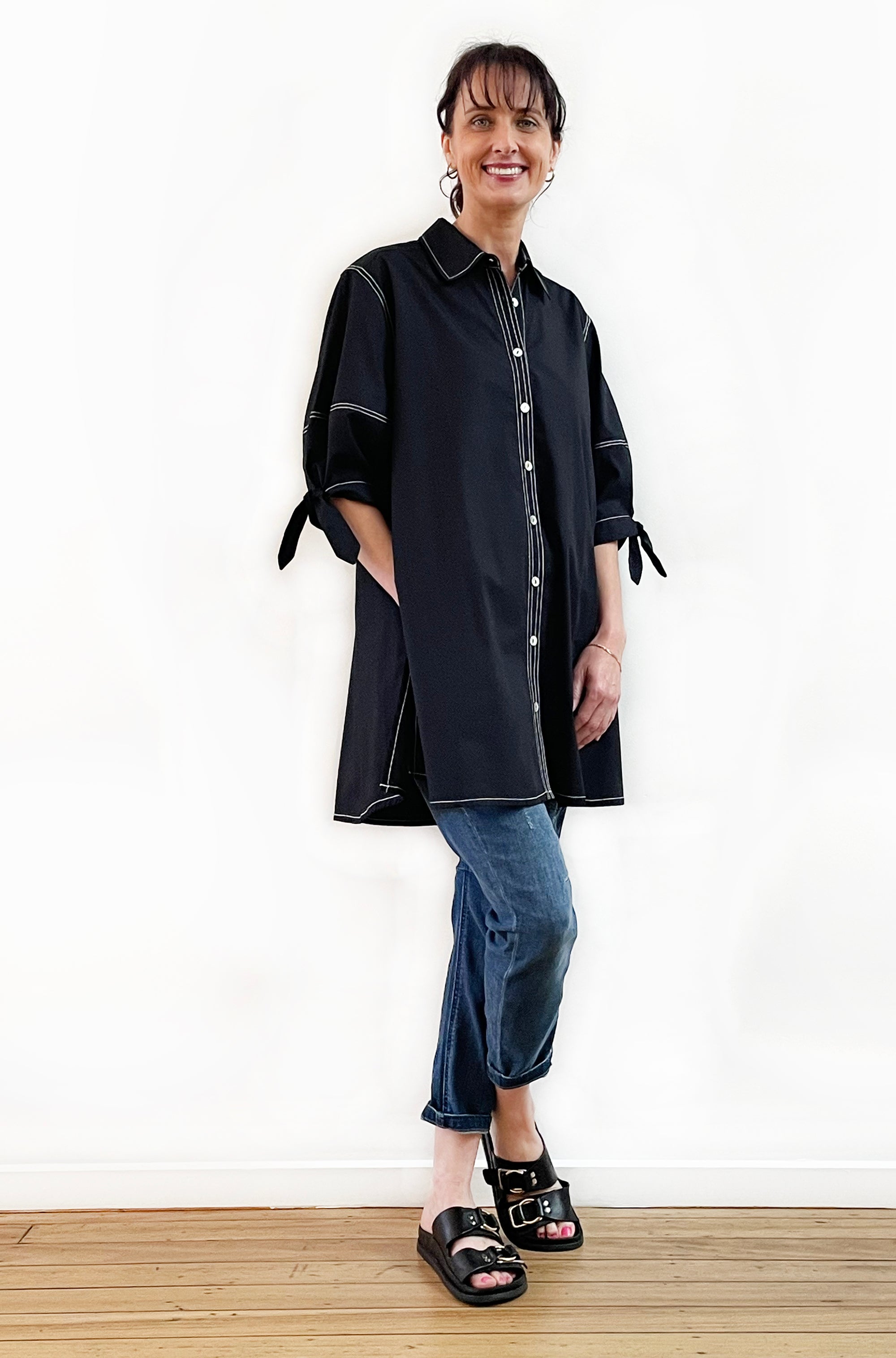 COTTON LANTERN SLEEVE SWING SHIRT BLACK