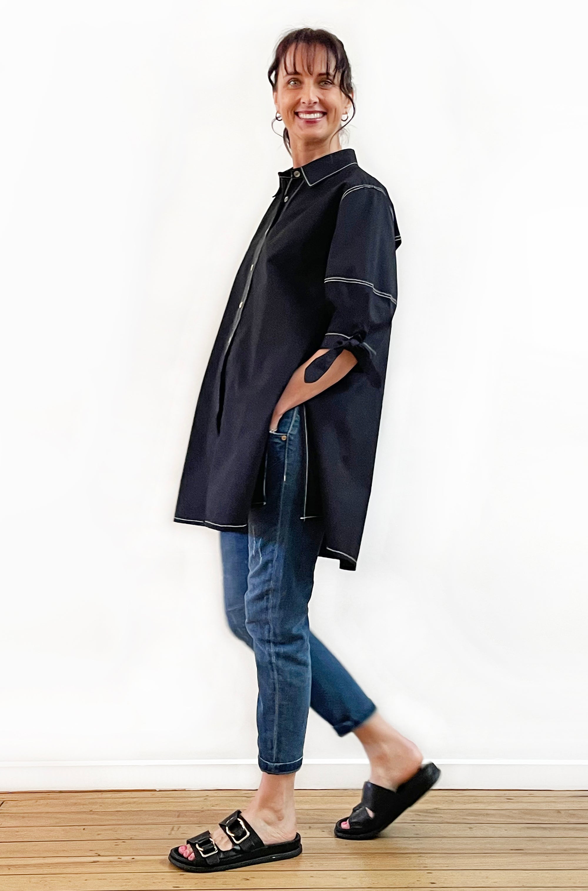 COTTON LANTERN SLEEVE SWING SHIRT BLACK