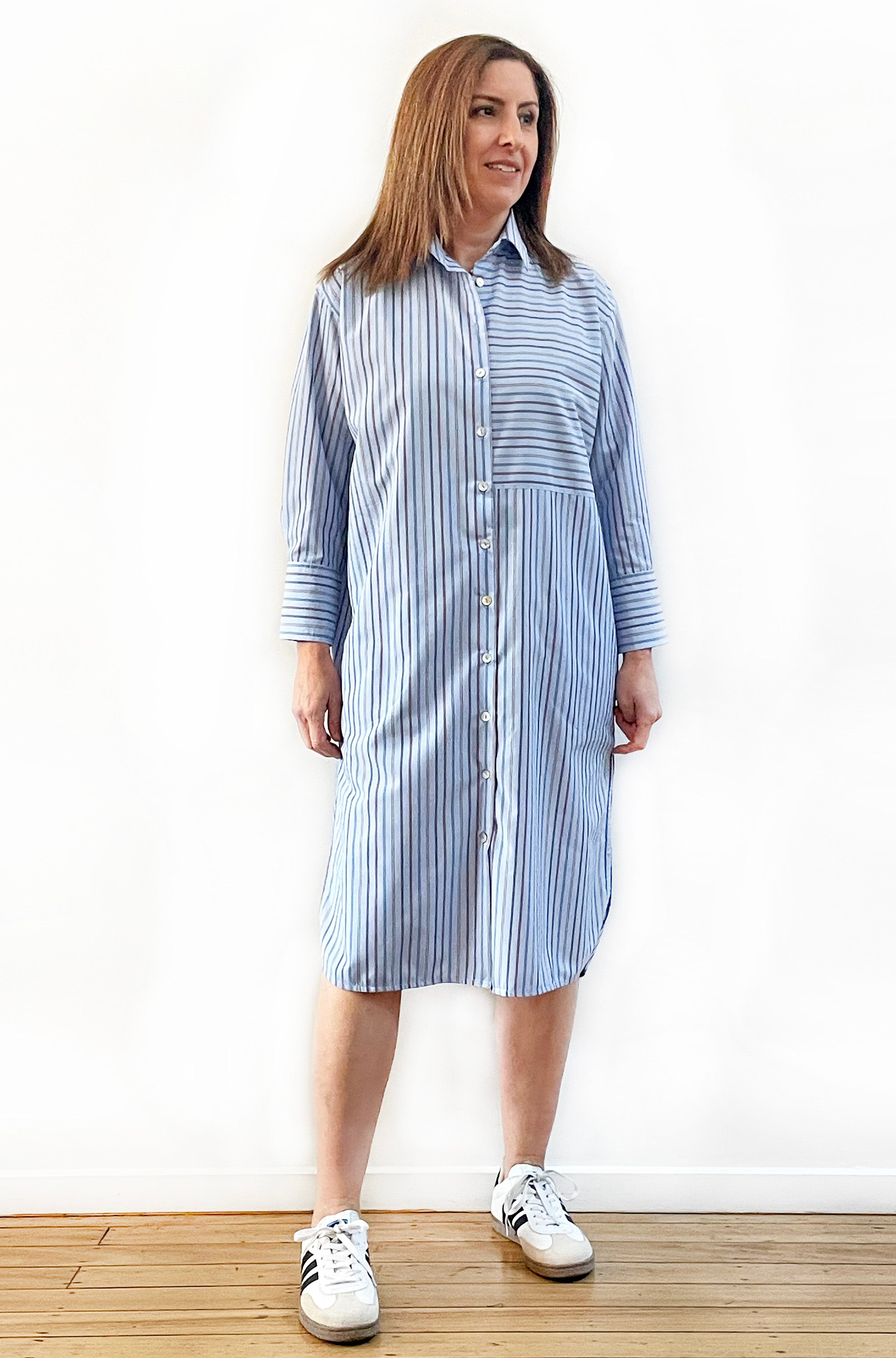 COTTON LONG SLEEVE SHIRT DRESS BLUE MULTI STRIPE