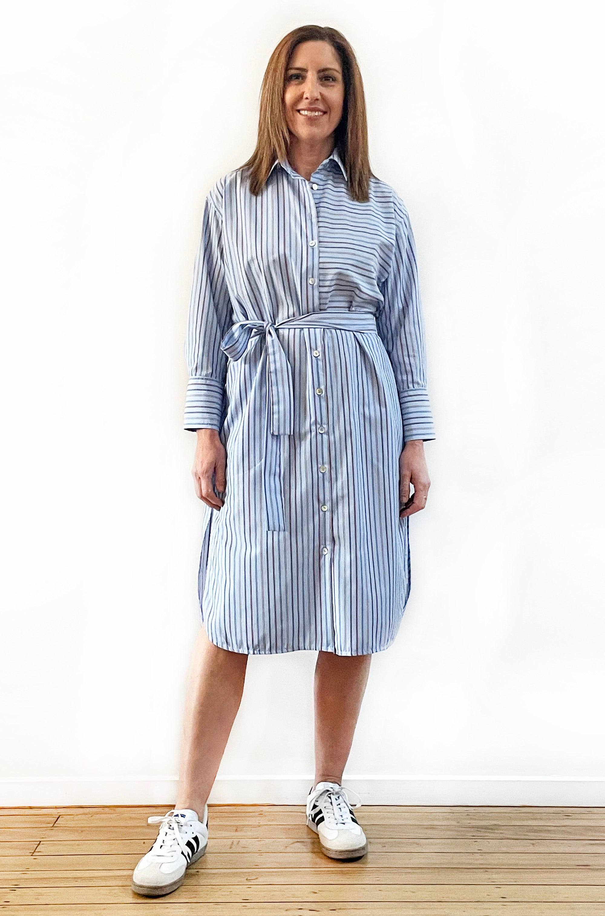 COTTON LONG SLEEVE SHIRT DRESS BLUE MULTI STRIPE